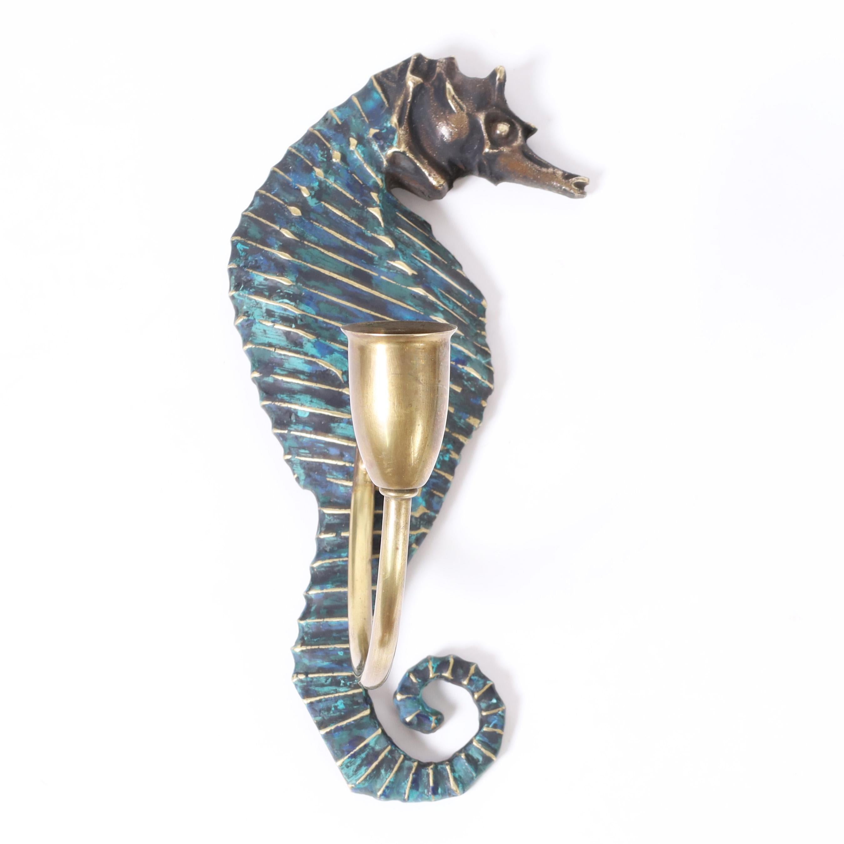 Hand-Crafted Pepe Mendoza Mid Century Bronze Seahorse Wall Sconces For Sale