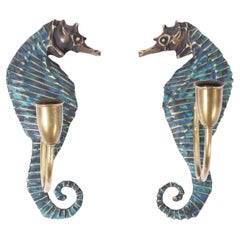 Vintage Pepe Mendoza Mid Century Bronze Seahorse Wall Sconces