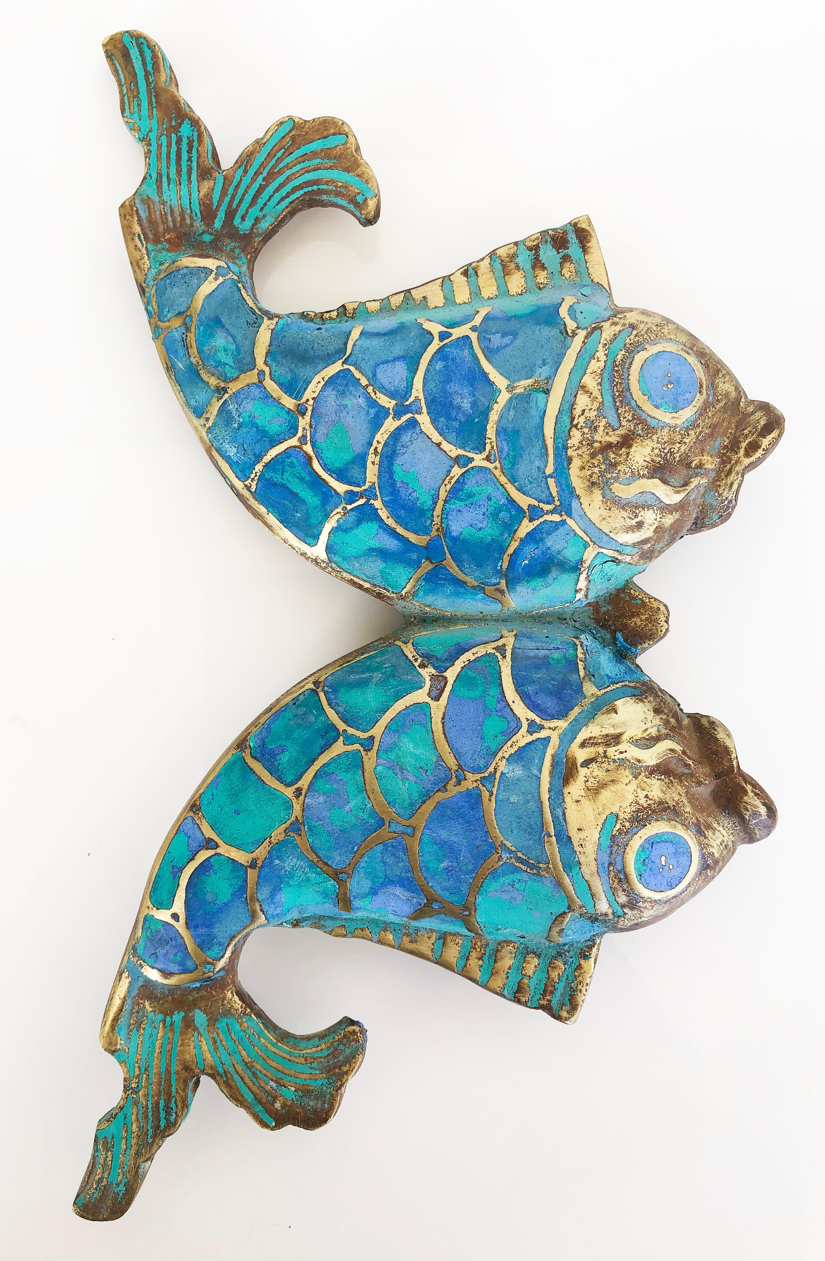 Mid-Century Modern Pepe Mendoza Mid-Century Brass/Turquoise Fish Handles, Pair