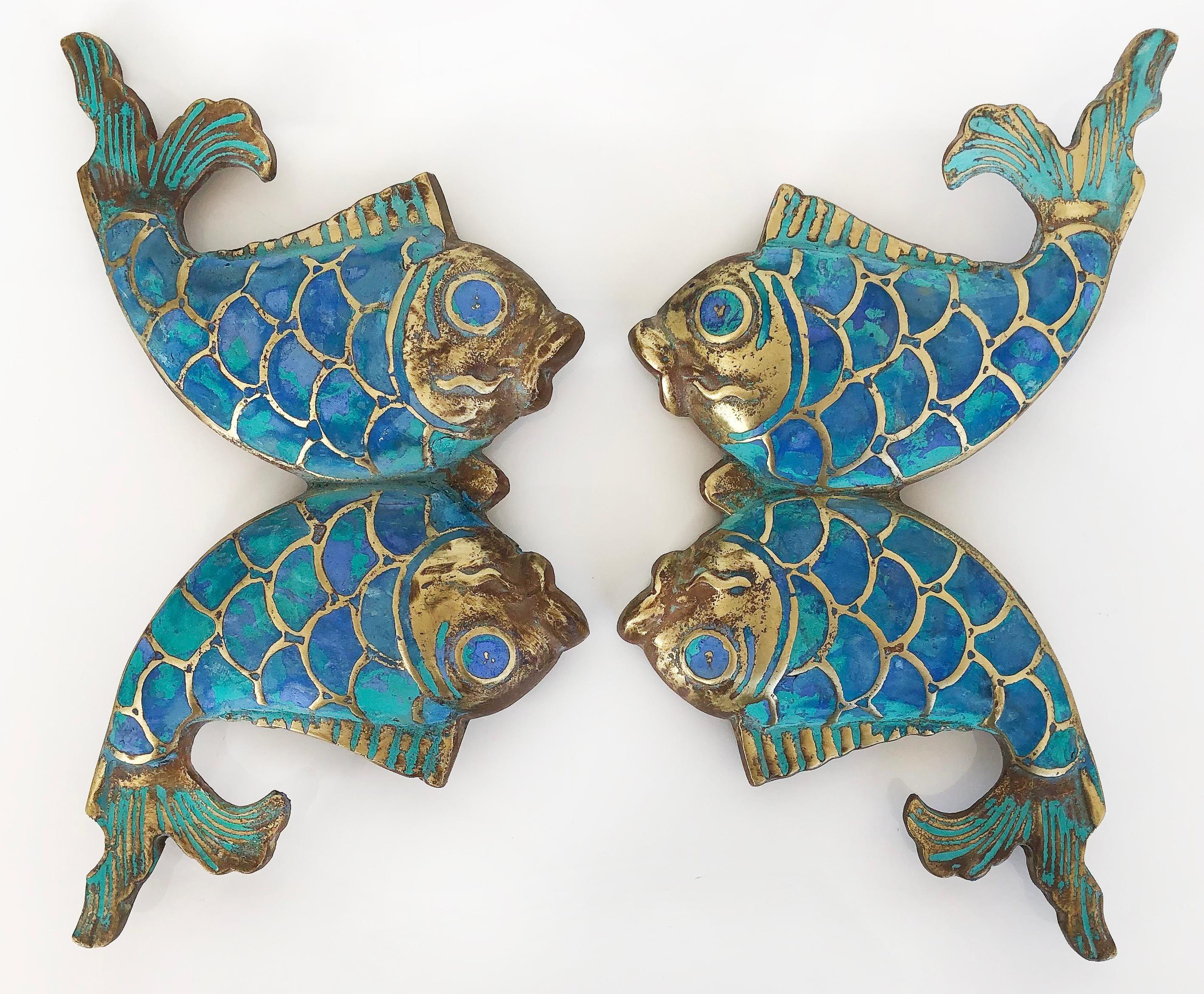 Mexican Pepe Mendoza Mid-Century Brass/Turquoise Fish Handles, Pair