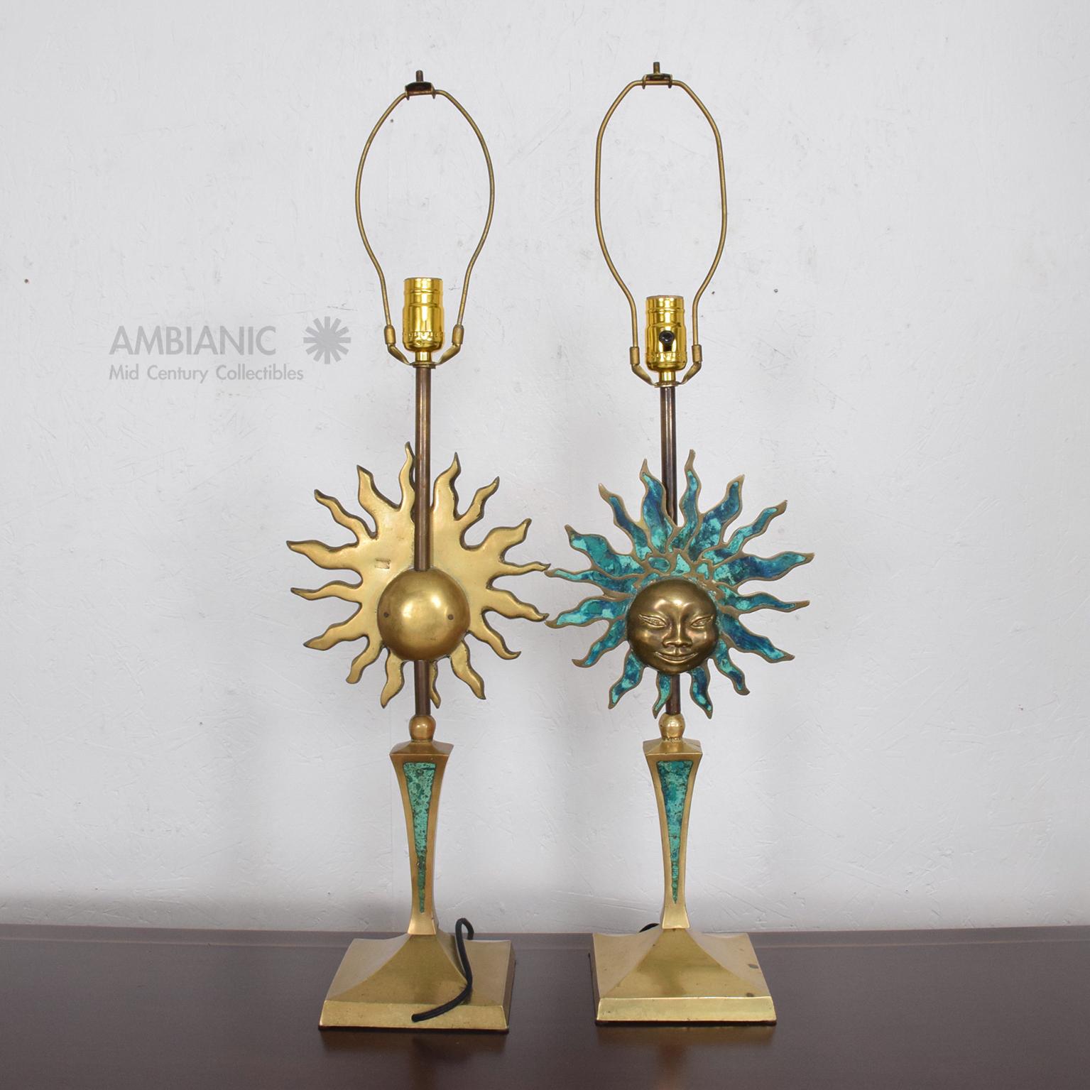 Brass Pepe Mendoza Sun Sculpture Table Lamps Bronze and Malachite 1950s Mexico For Sale