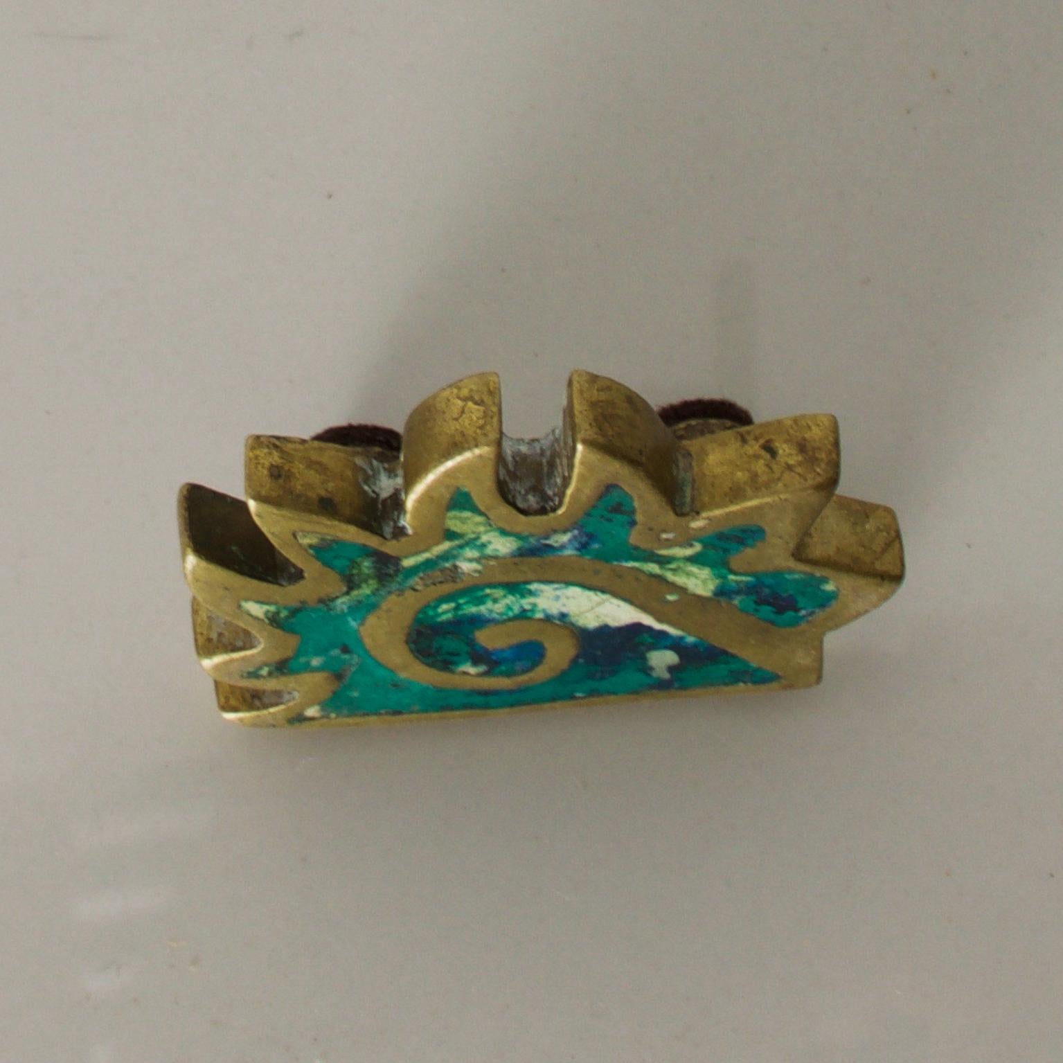 Brass Pepe Mendoza Maya Codex Pull Handle in Bronze Turquoise Inlay  Mexico 1958