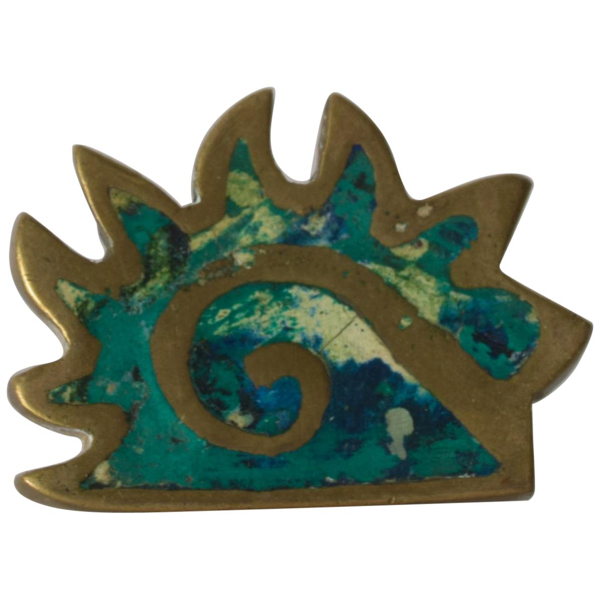 Pepe Mendoza Maya Codex Pull Handle in Bronze Turquoise Inlay  Mexico 1958