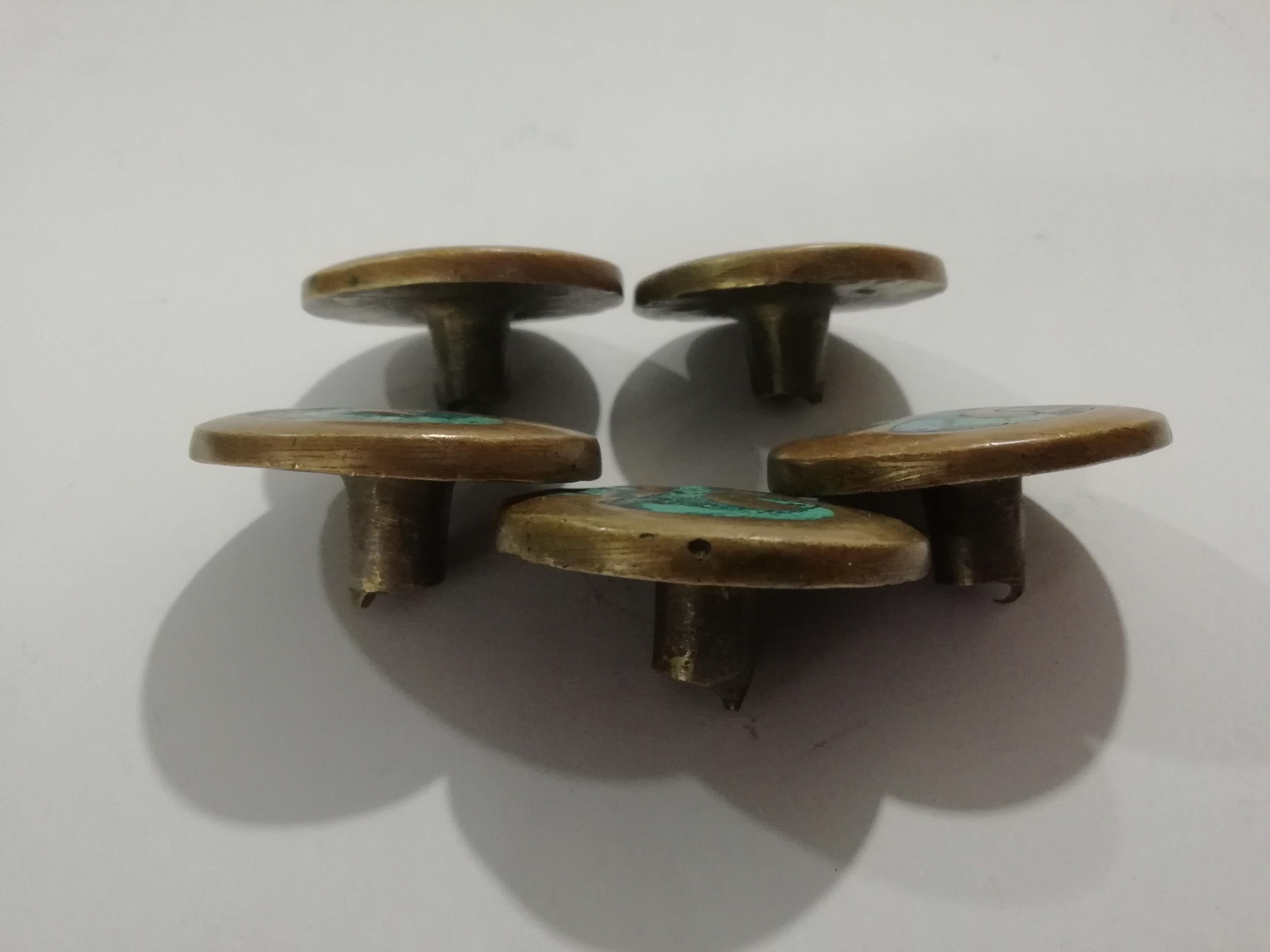 Mid-Century Modern Pepe Mendoza, Set of 5 Bronze Pull Knobs with Chrysocolla
