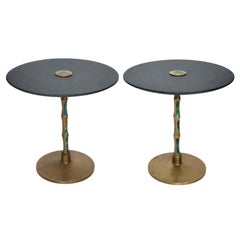 Pepe Mendoza Sharp Black Stone Side Tables with Malachite & Bronze 1950s Modern