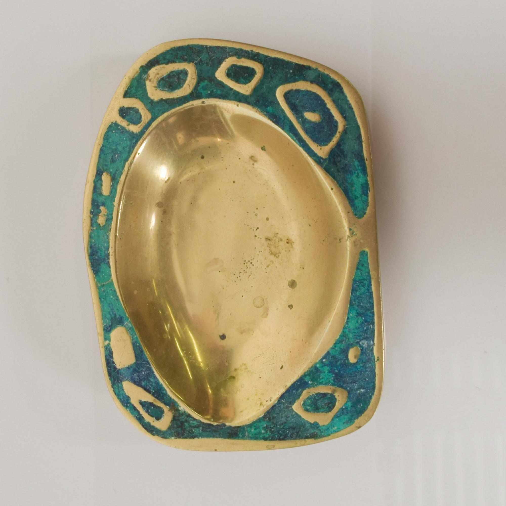 Mid-Century Modern 1958 Pepe Mendoza Spectacular Turquoise and Brass Gold Dish Midcentury Modernism