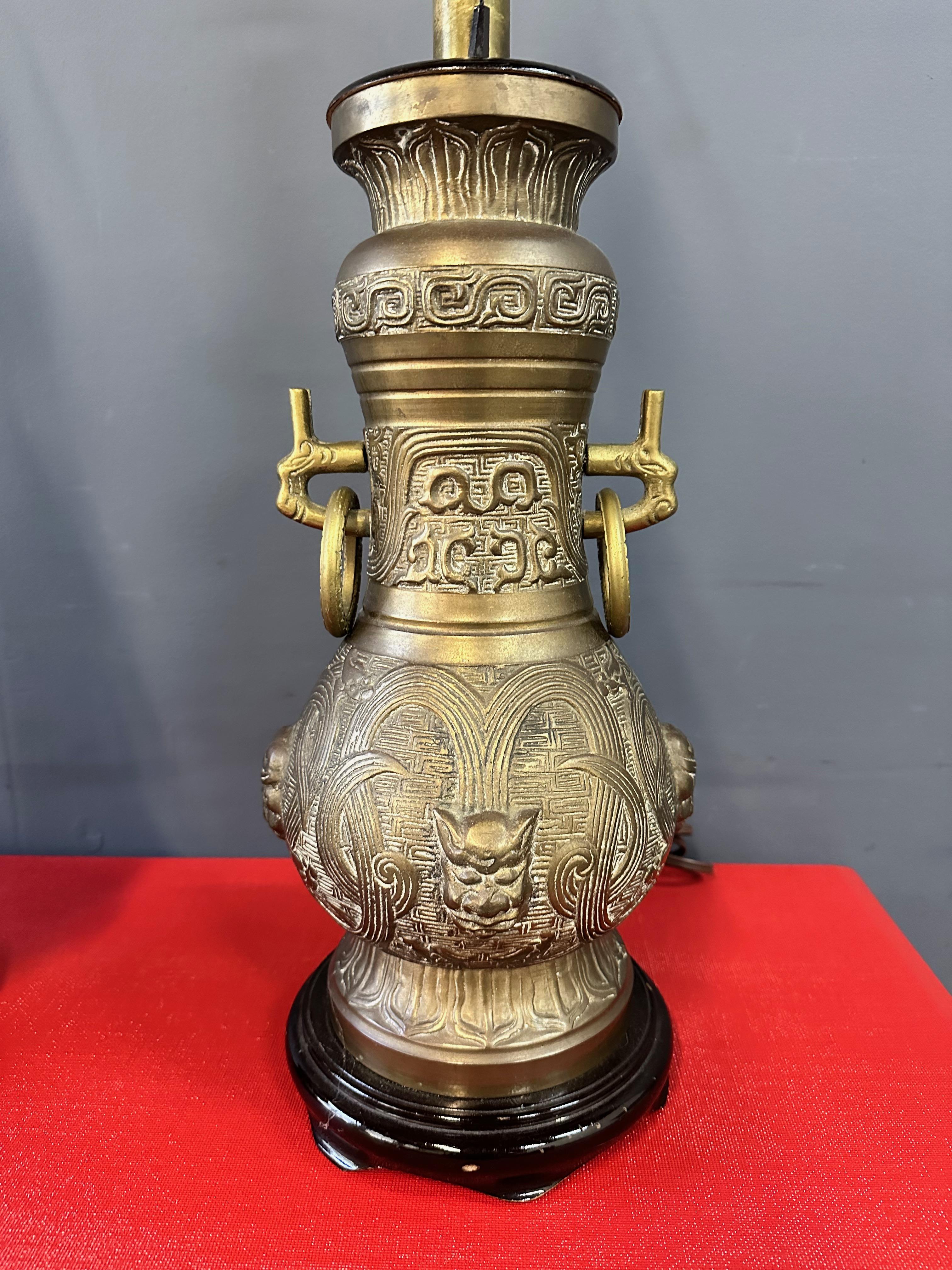 Pepe Mendoza Style Chinoise Bronze Table Lamps with Night Lite- a Pair In Good Condition For Sale In Philadelphia, PA