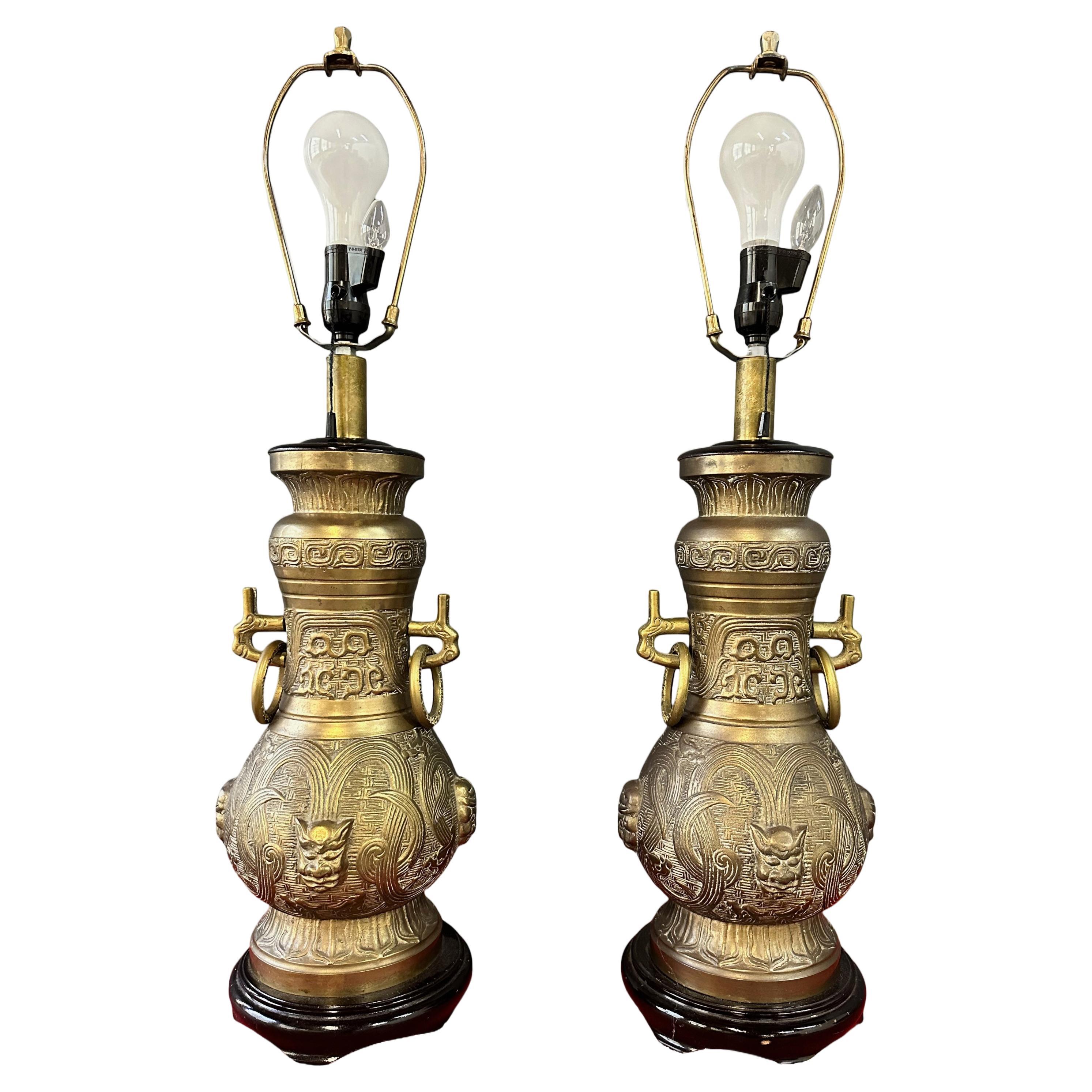 Pepe Mendoza Style Chinoise Bronze Table Lamps with Night Lite- a Pair For Sale