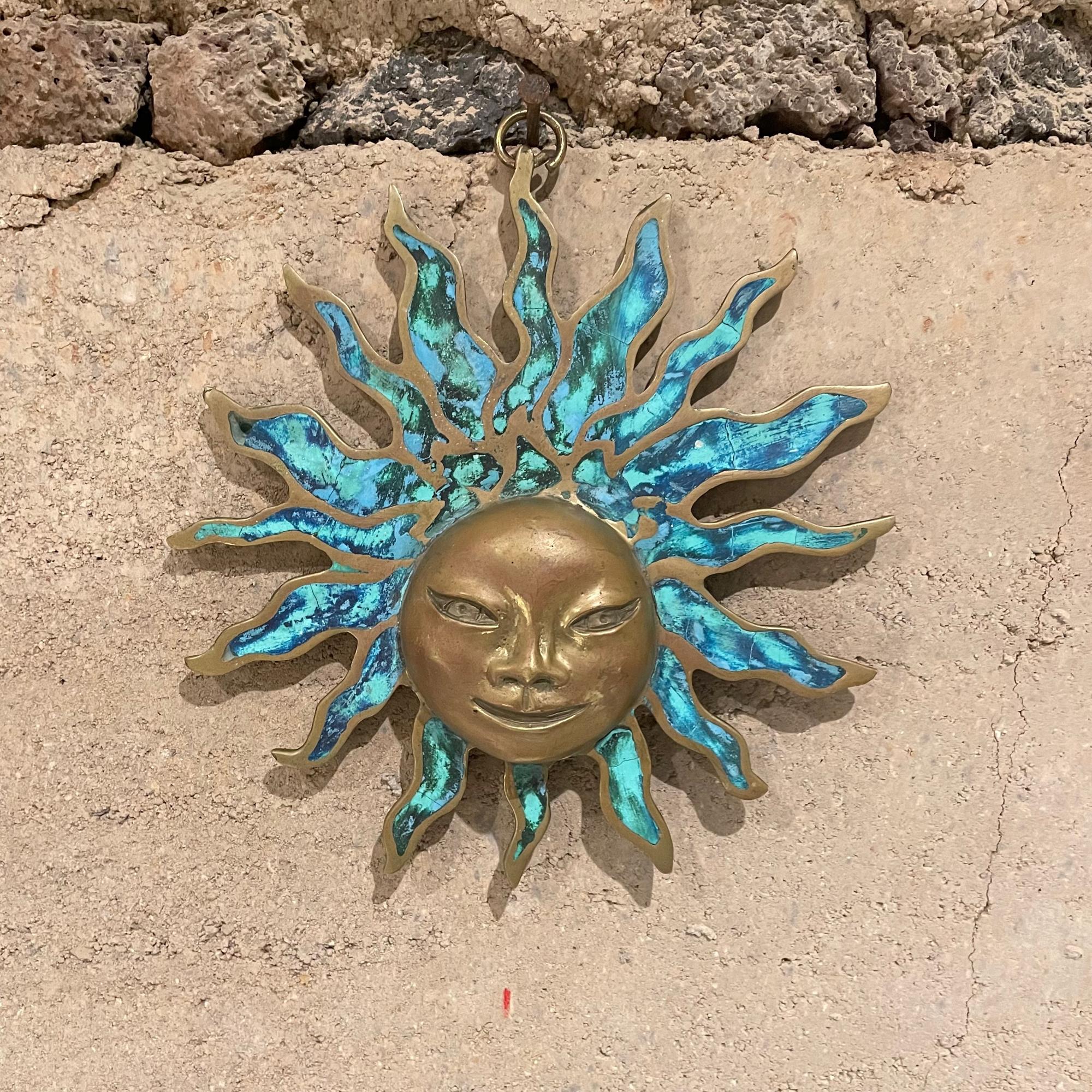 Pepe Mendoza powerful Sun sculpture wall art made in Mexico 1958
Radiant Bronze and Malachite Turquoise
Pepe Mendoza Studio
Period style: Mid-Century Modern Mexico
Date: 1958
Stamped by maker artist sculptor Pepe Mendoza
8.75 W x 9.25 H x 1.38 D