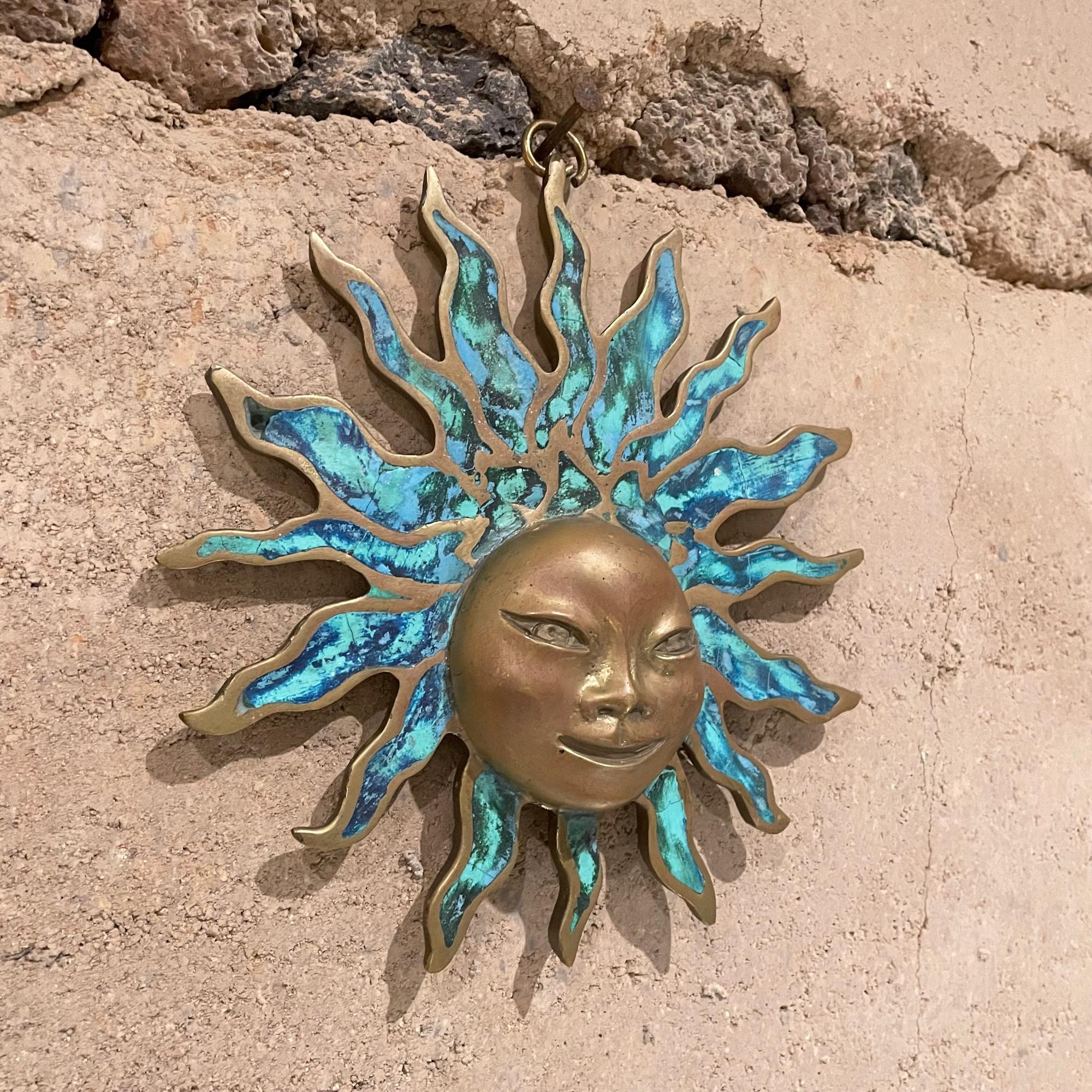 1958 Pepe Mendoza Wall Art Sun Sculpture Bronze & Turquoise Mexico  In Good Condition In Chula Vista, CA