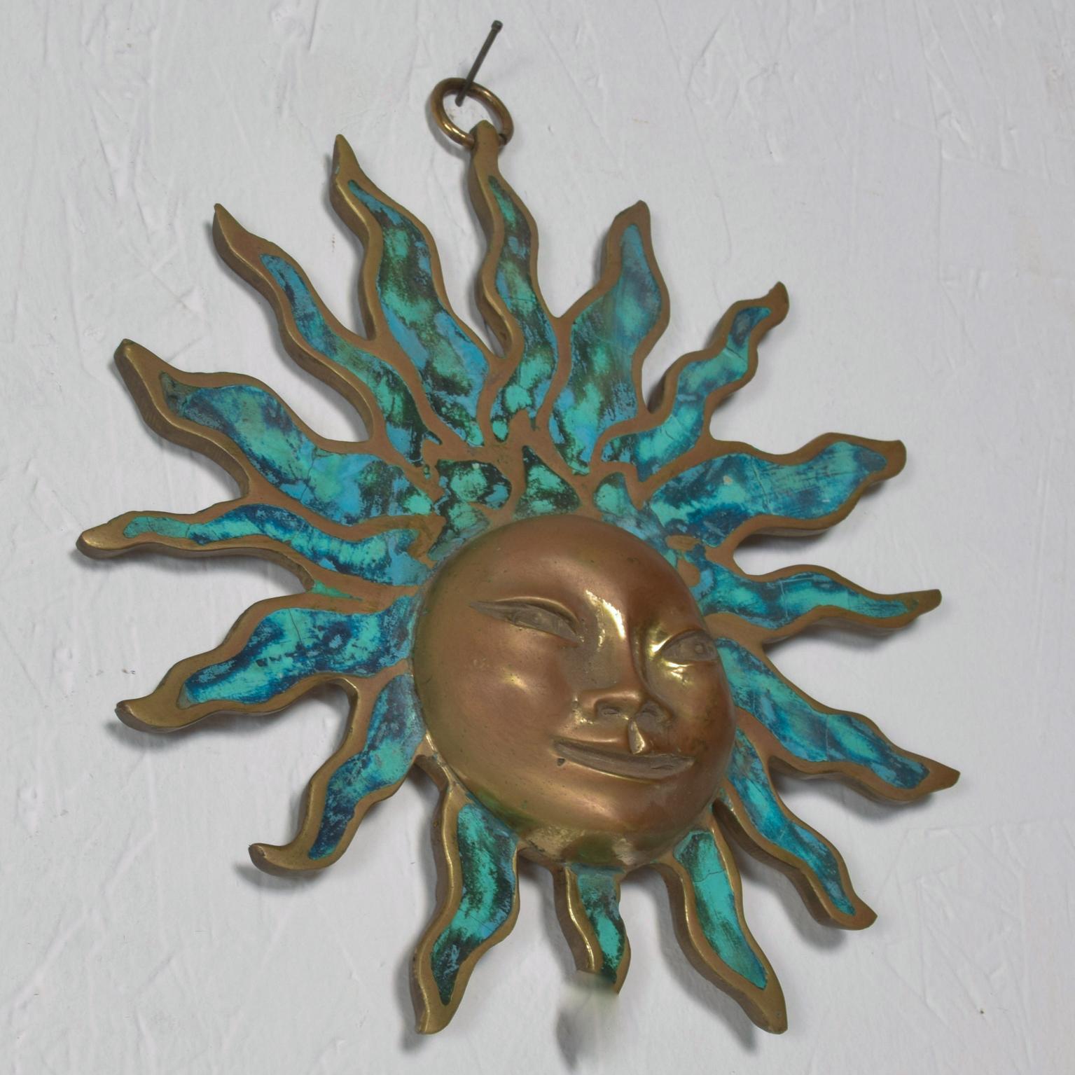 Mid-Century Modern Pepe Mendoza Wall Plaque Sun God Sculpture in Bronze and Turquoise - Mexico 1958