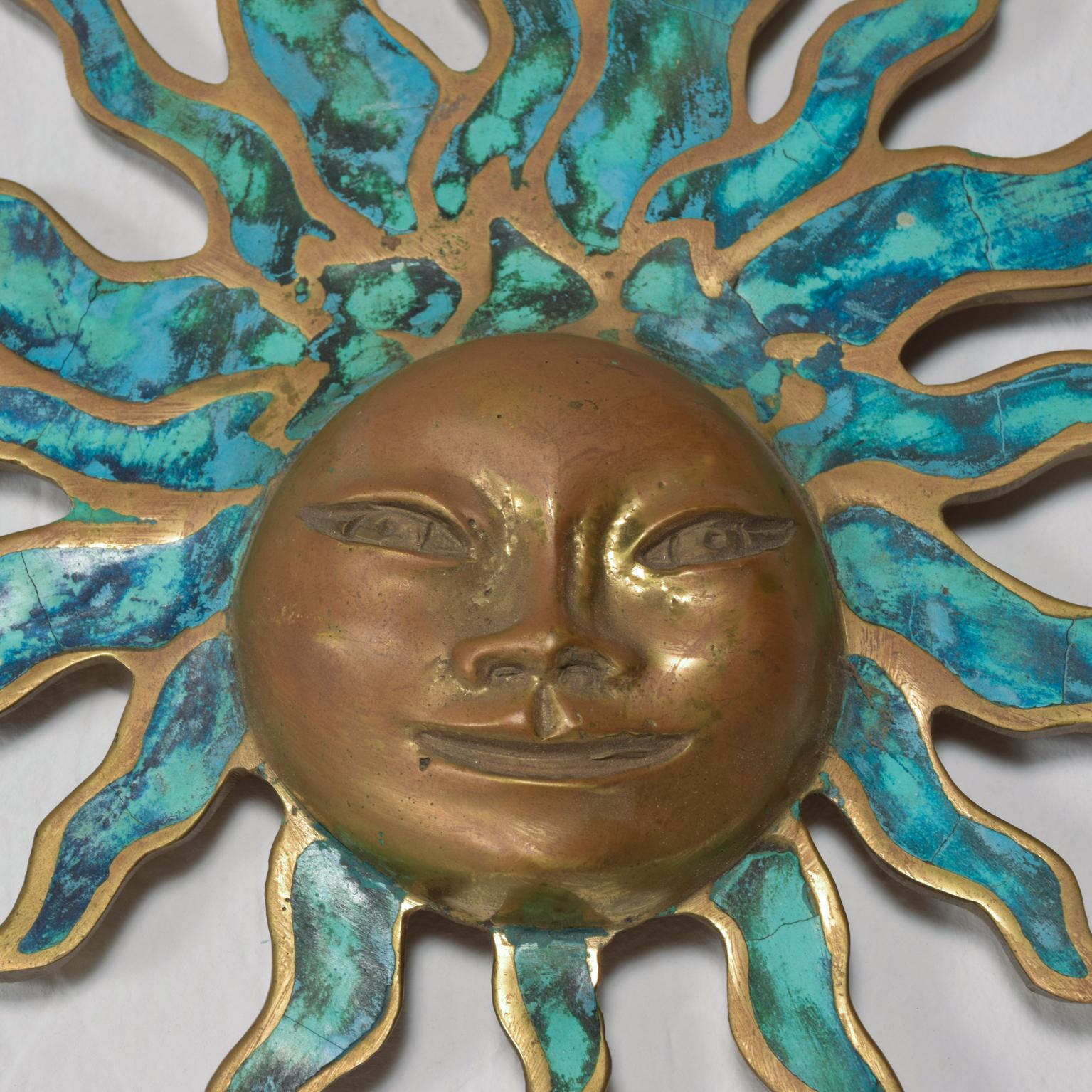 Mexican Pepe Mendoza Wall Plaque Sun God Sculpture in Bronze and Turquoise - Mexico 1958