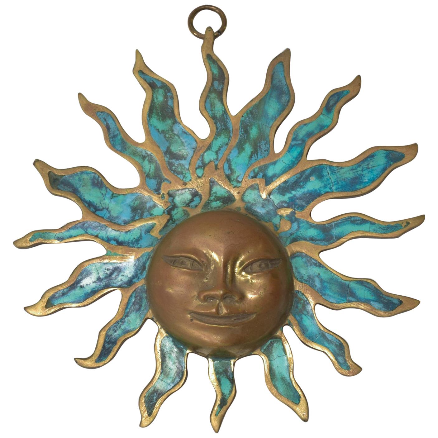 Pepe Mendoza Wall Plaque Sun God Sculpture in Bronze and Turquoise - Mexico 1958