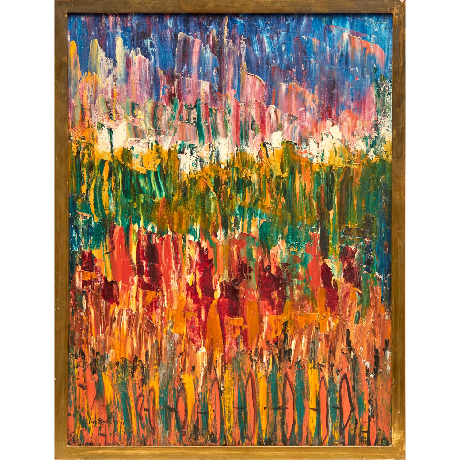 Pepe Romero (20th Century), “Garden in the City,” 1958
Oil on Burlap, Signed and Dated

Vibrant and expressive, this 1958 abstract oil painting by Pepe Romero captures the bold spirit of postwar abstraction. Titled Garden in the City and inscribed