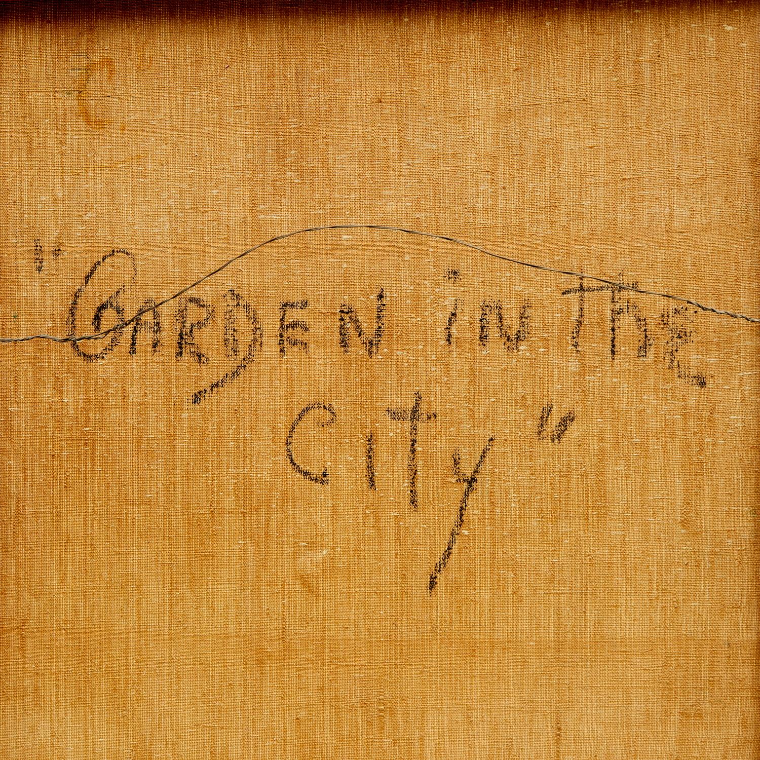 Pepe Romero, Framed Oil on Burlap, Garden in the City Signed and Dated 1958 For Sale 1