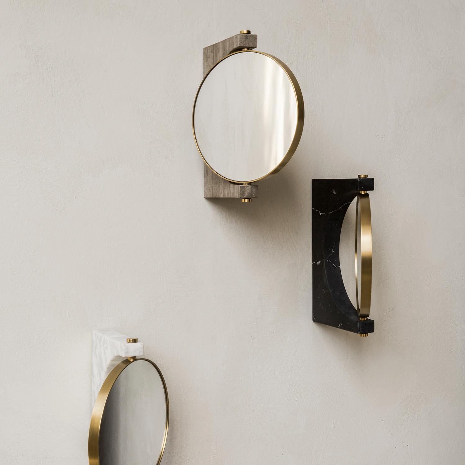 Scandinavian Modern Pepe Wall Marble Mirror, Brass & Honed Brown Marble