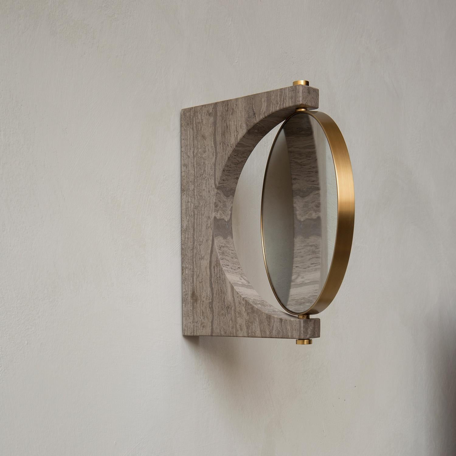 Chinese Pepe Wall Marble Mirror, Brass & Honed Brown Marble