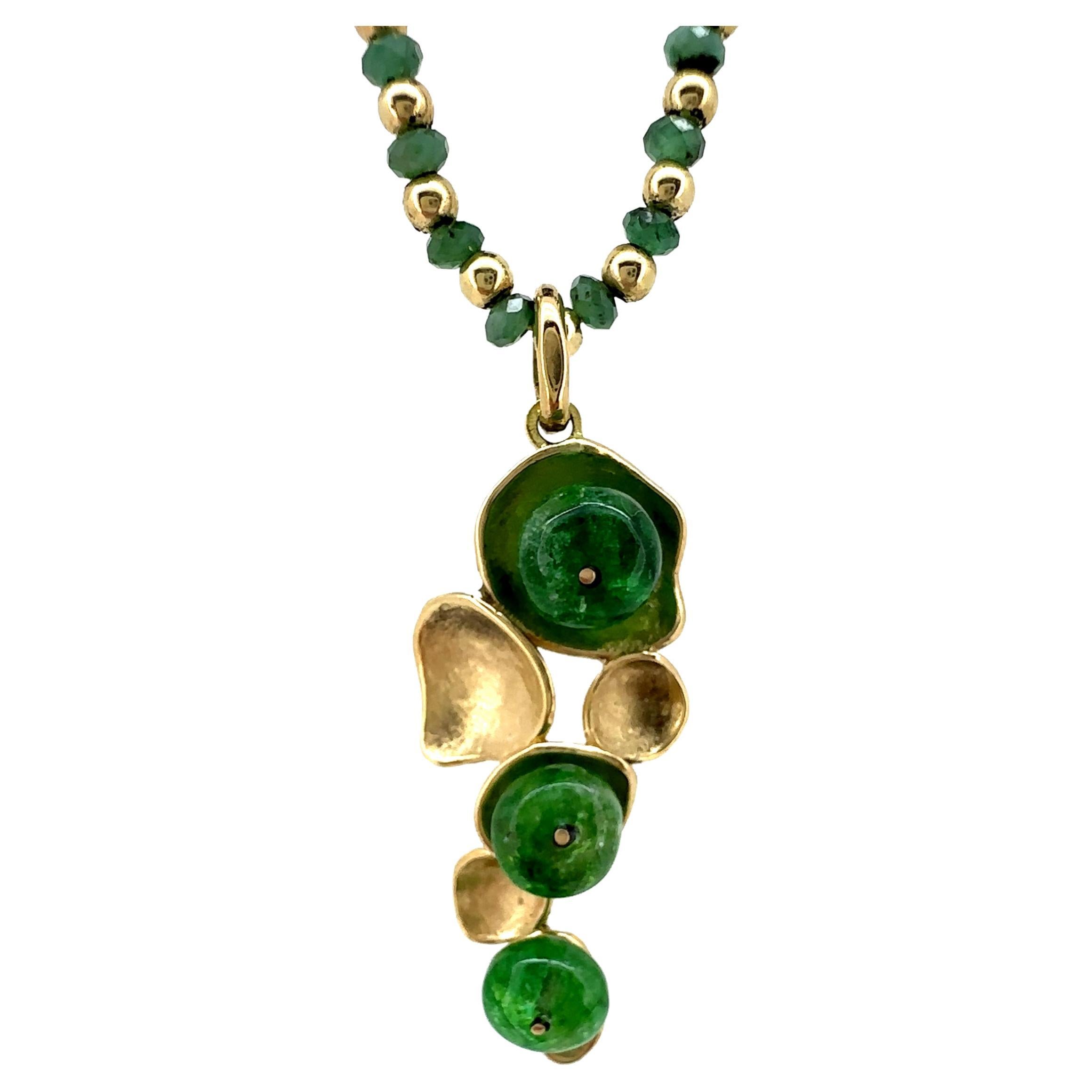 "Peperomia" Pendant in 18K Gold and Green Beryl on Gold & Emerald Bead Necklace