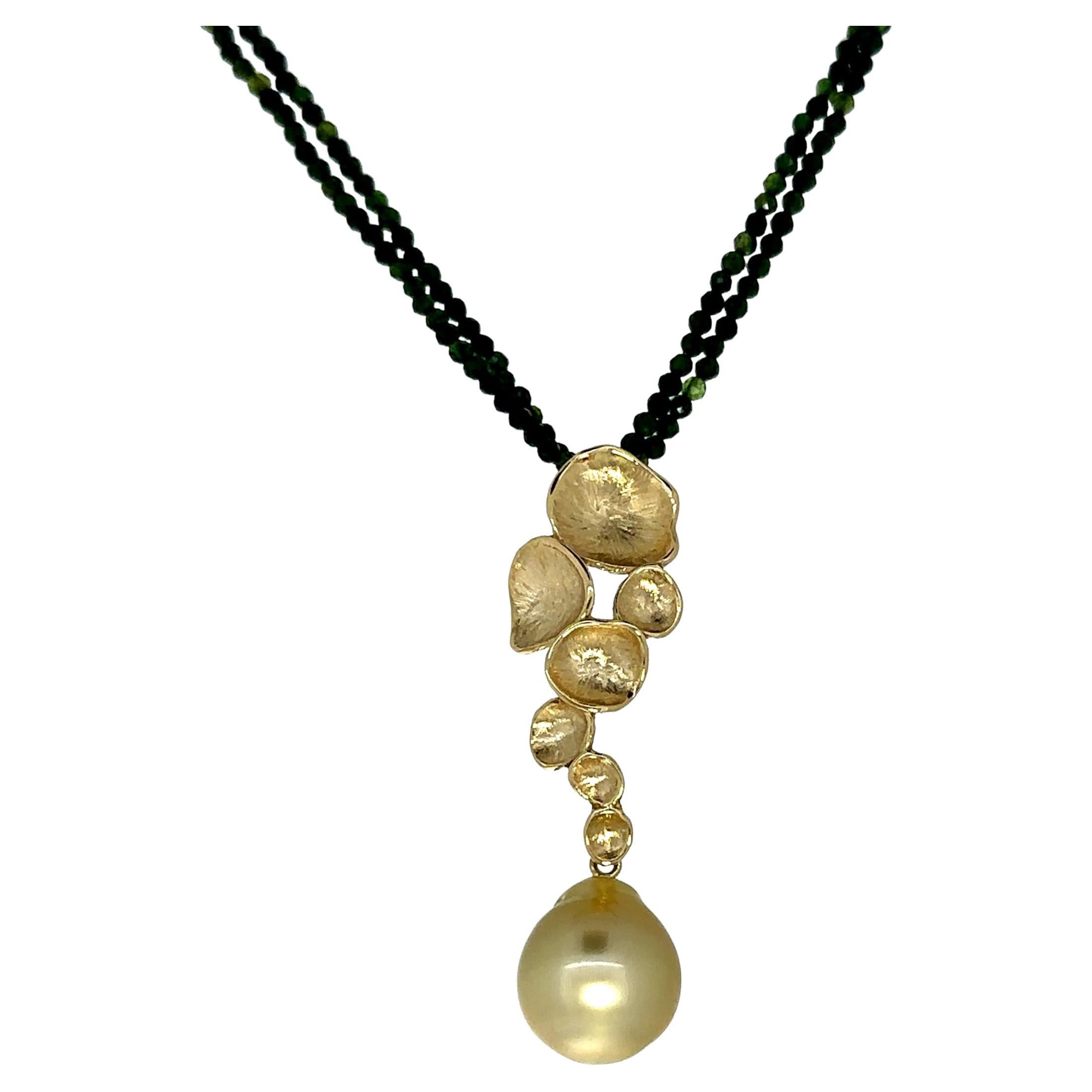 "Peperomia" Pendant with 14mm Gold South Sea Pearl on Green Tourmaline Necklace  For Sale