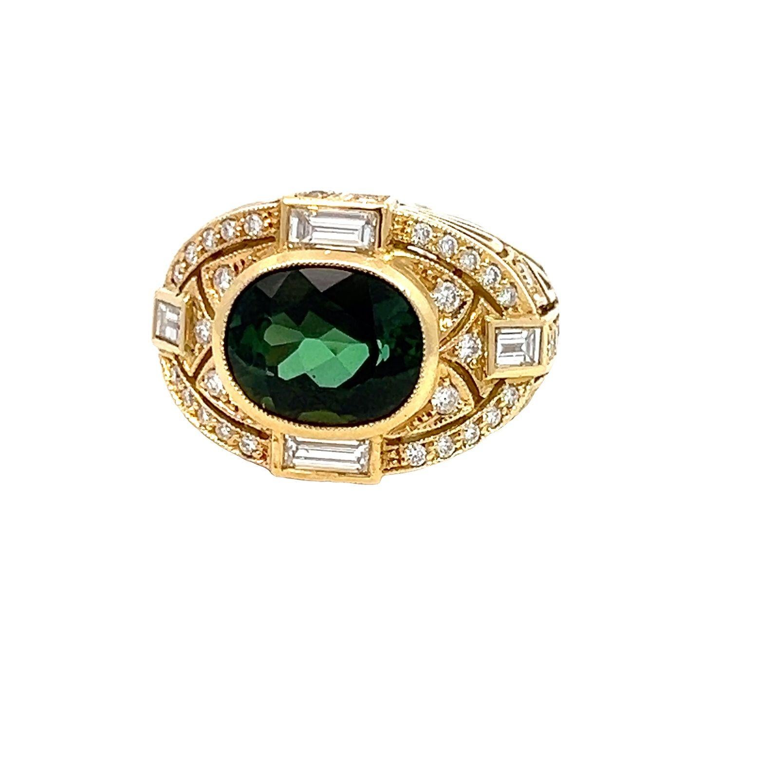 18k Yellow Gold PEPI Diamond Cocktail and Dome Ring,  a stunning fusion of retro allure and contemporary sophistication. Crafted in the 1990s style, this ring boasts a commanding presence, highlighted by its mesmerizing oval green tourmaline