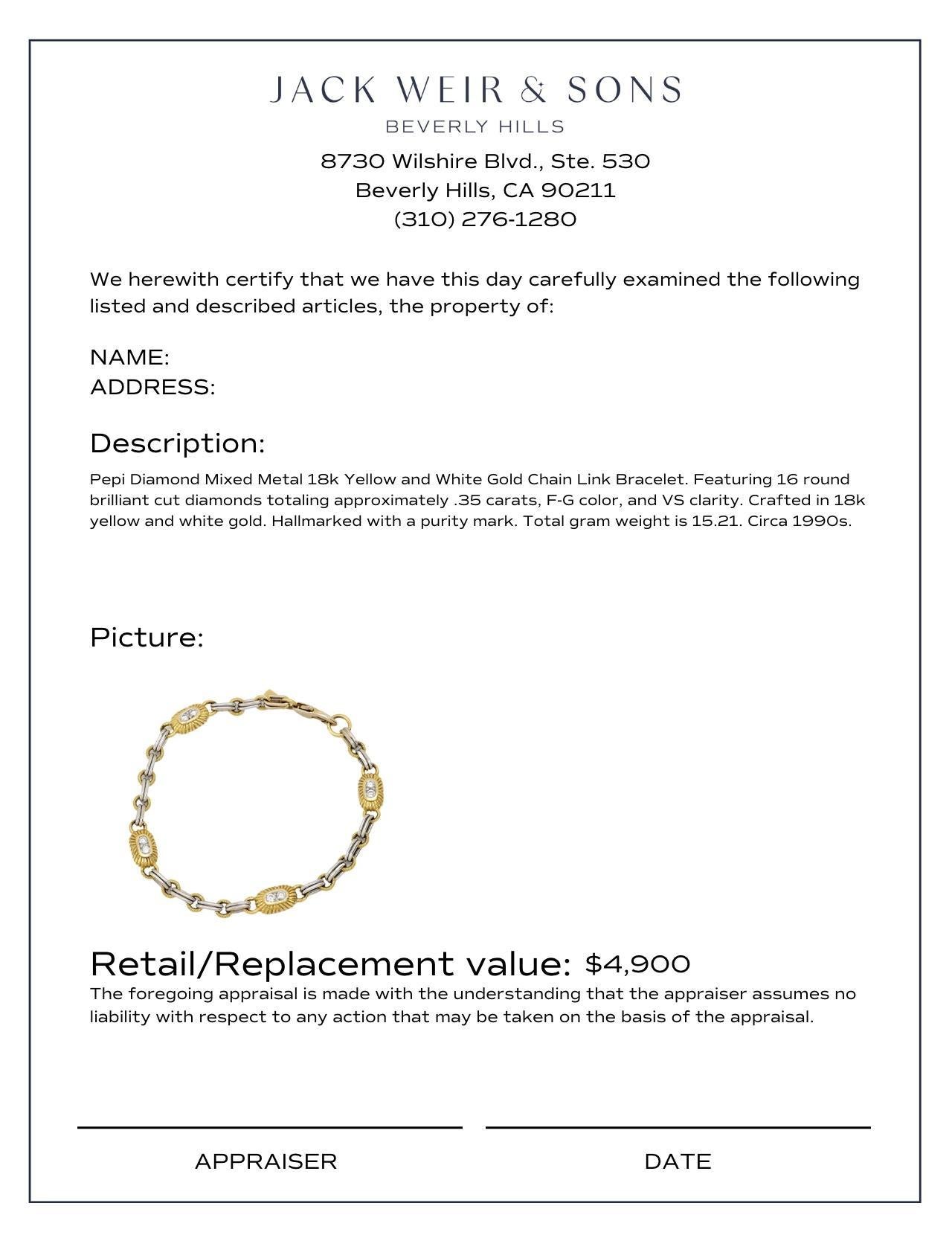 Brilliant Cut Pepi diamond mixed metal 18k yellow and white gold chain link bracelet
