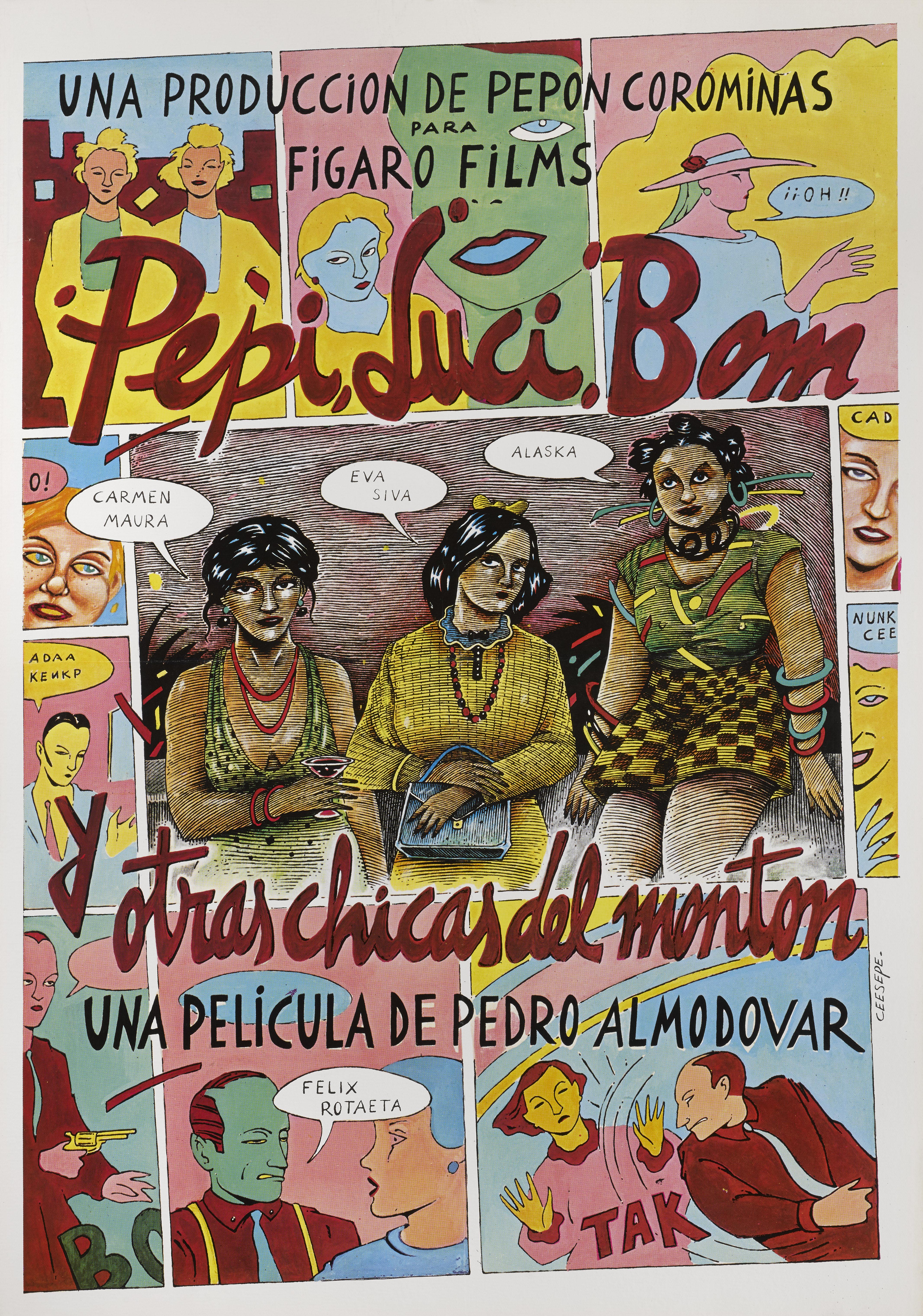 Original Spanish film poster from the 1978 film Pepi, Luci, Bom This film was written and directed by Pedro Almodóvar, and starred Carmen Maura, Felix Rotaeta This poster is in excellent condition with the colors remaining very bright. The art work