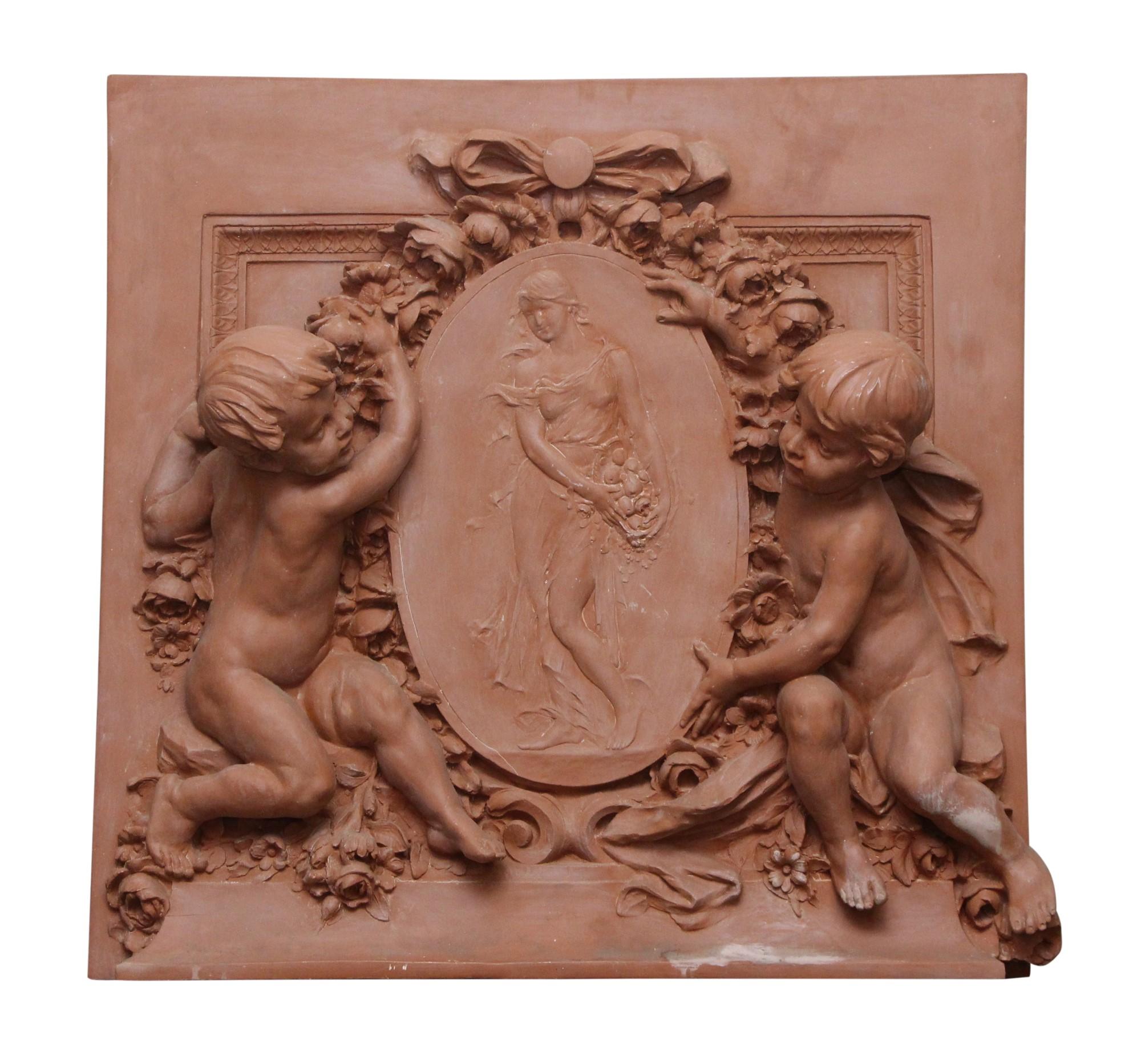 Cast fiberglass replica wall mount frieze showing the Goddess Iris surrounded by two cherubs. Please note, this item is located in our Scranton, PA location.