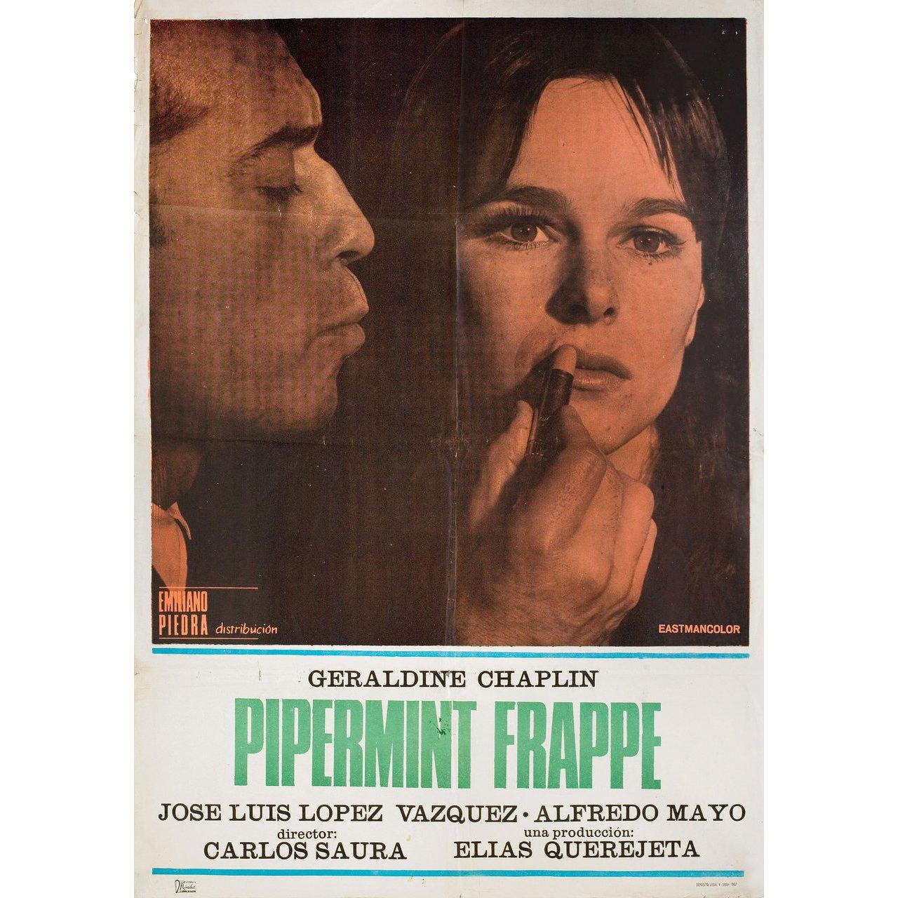 Original 1967 Spanish B1 poster for the film Peppermint Frappe directed by Carlos Saura with Geraldine Chaplin / Jose Luis Lopez Vazquez / Alfredo Mayo. Very Good condition, folded with edge wear. Many original posters were issued folded or were