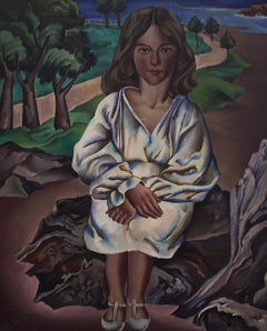 Dora, 1920s Framed Modernist Portrait of a Girl at the Seaside Oil Painting