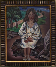 Dora, 1920s Framed Modernist Portrait of a Girl at the Seaside Oil Painting