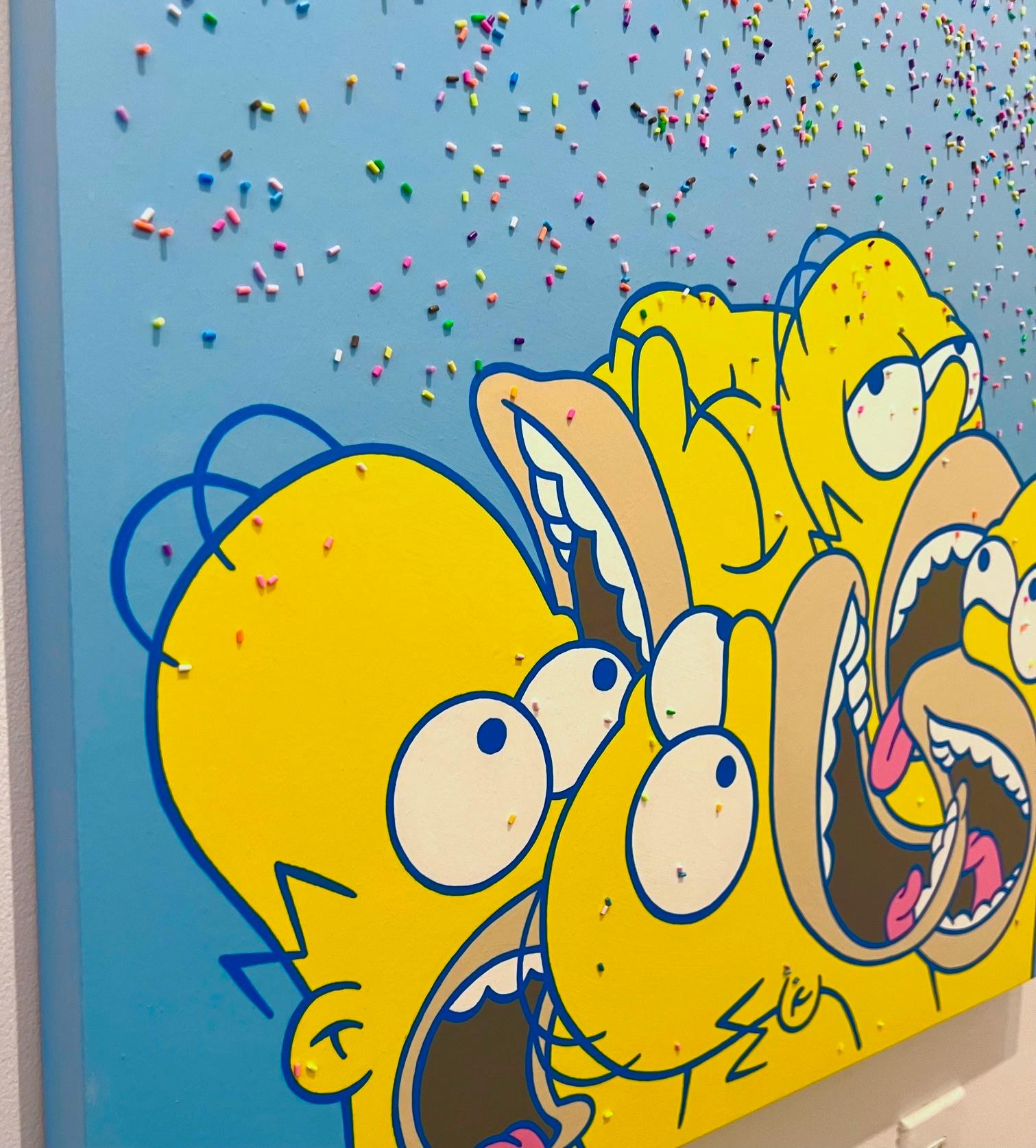 Simpsons pop art arte contemporáneo caramelo sprinkles homer figurativo azul - Painting de Peppy Colours