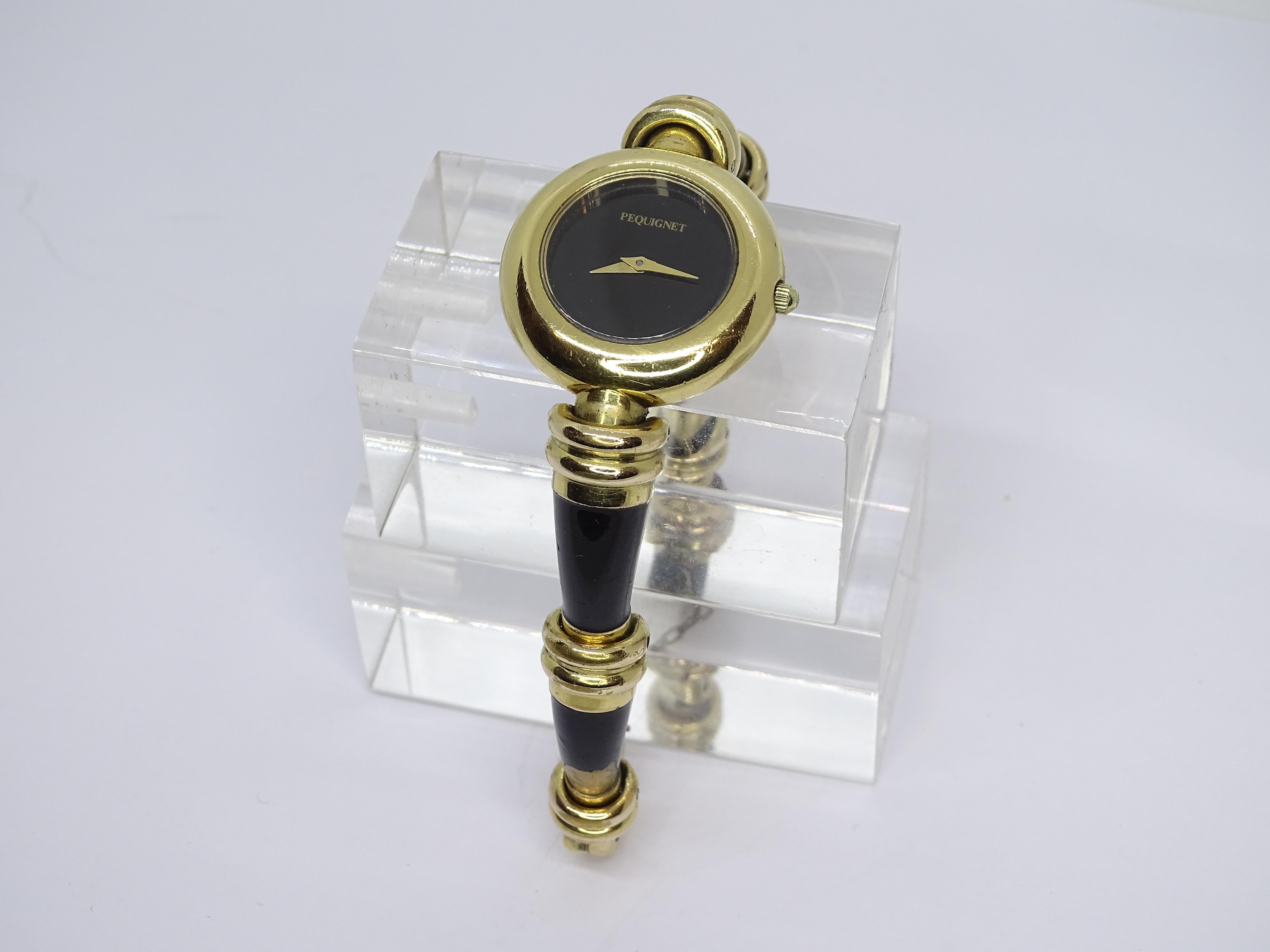 Pequignet French gold-plated Black quartz wristwatch, vintage For Sale 5
