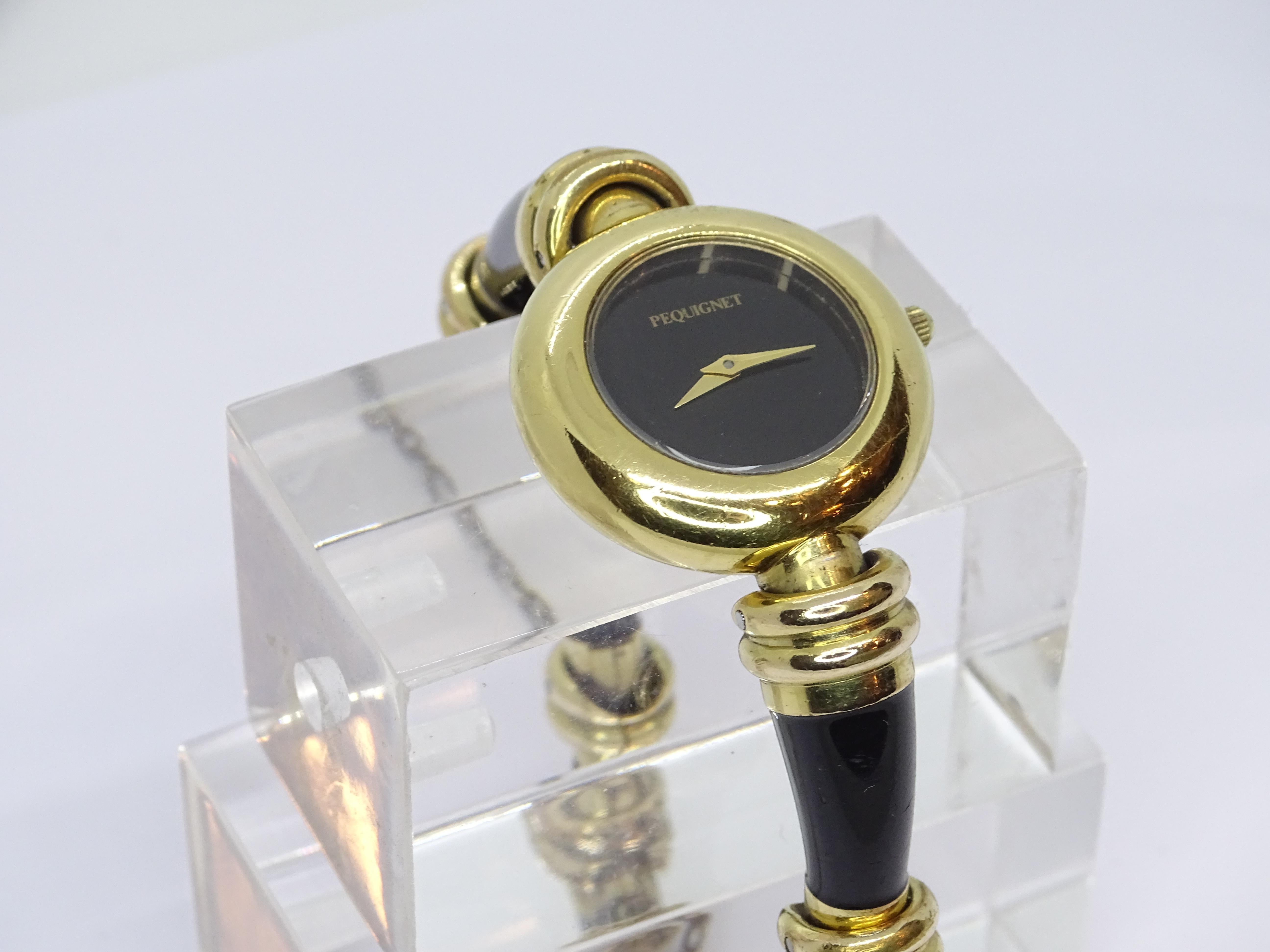 Pequignet French gold-plated Black quartz wristwatch, vintage For Sale 6