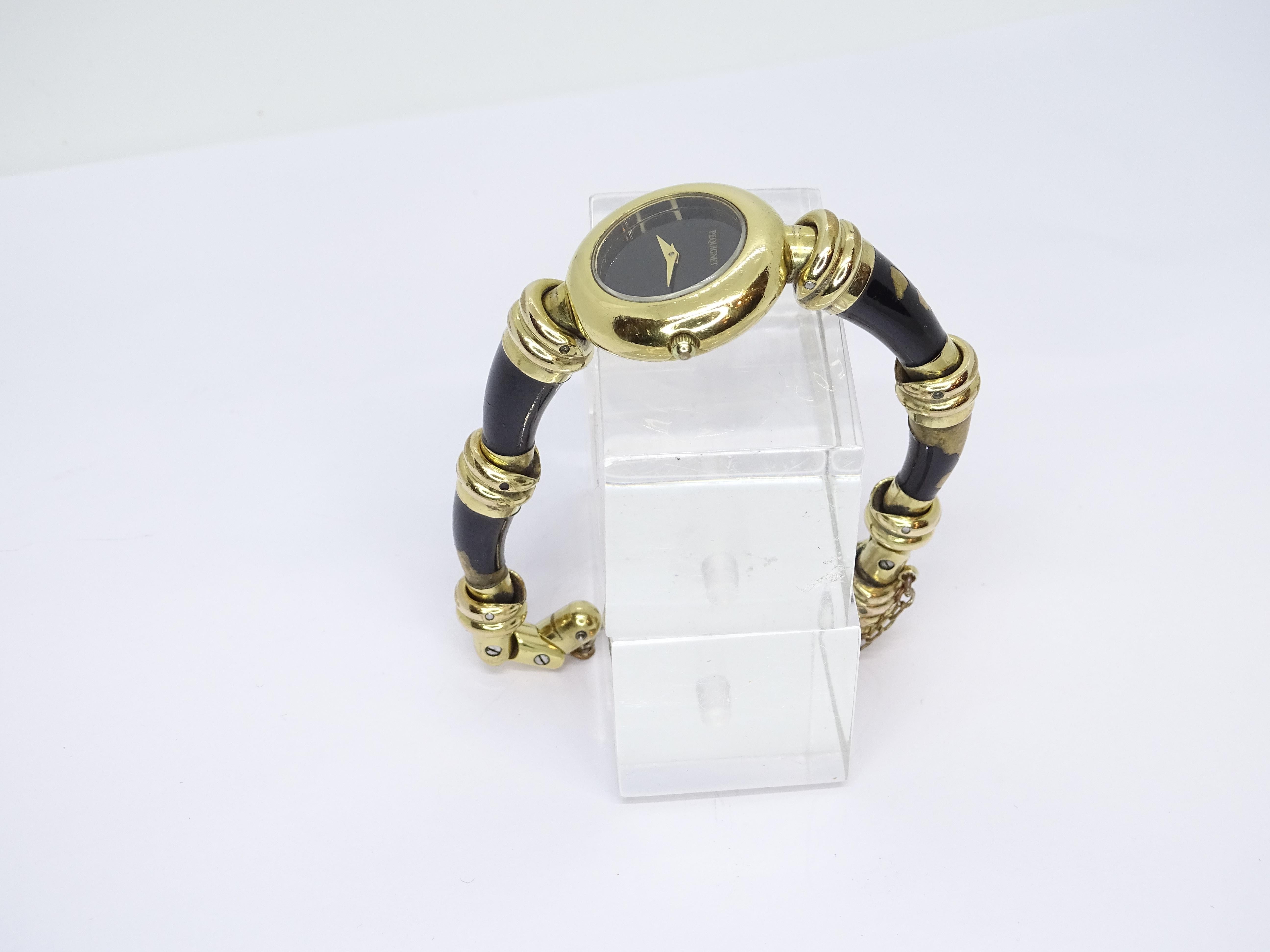 Pequignet French gold-plated Black quartz wristwatch, vintage For Sale 12