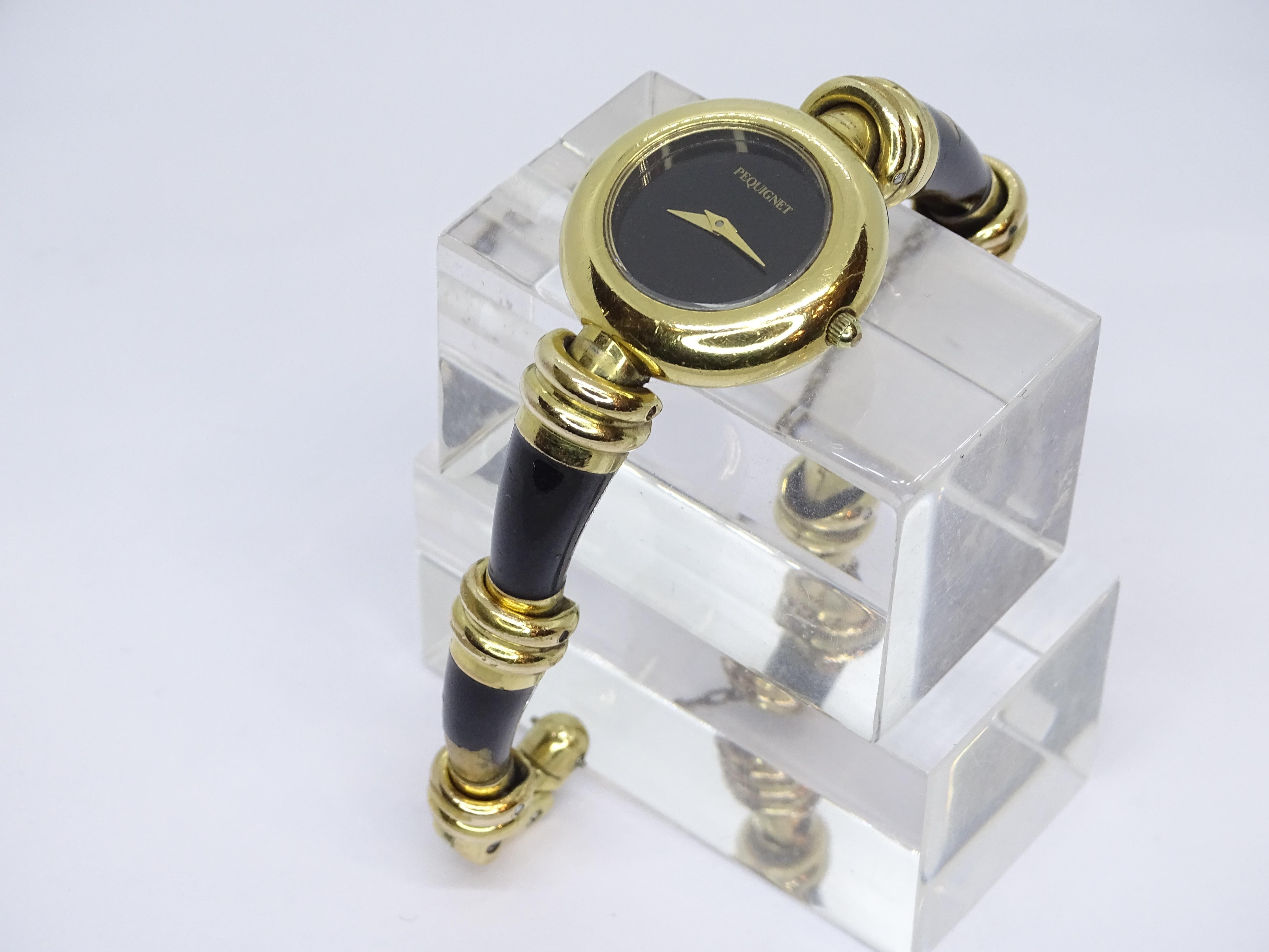 Pequignet French gold-plated Black quartz wristwatch, vintage For Sale 13