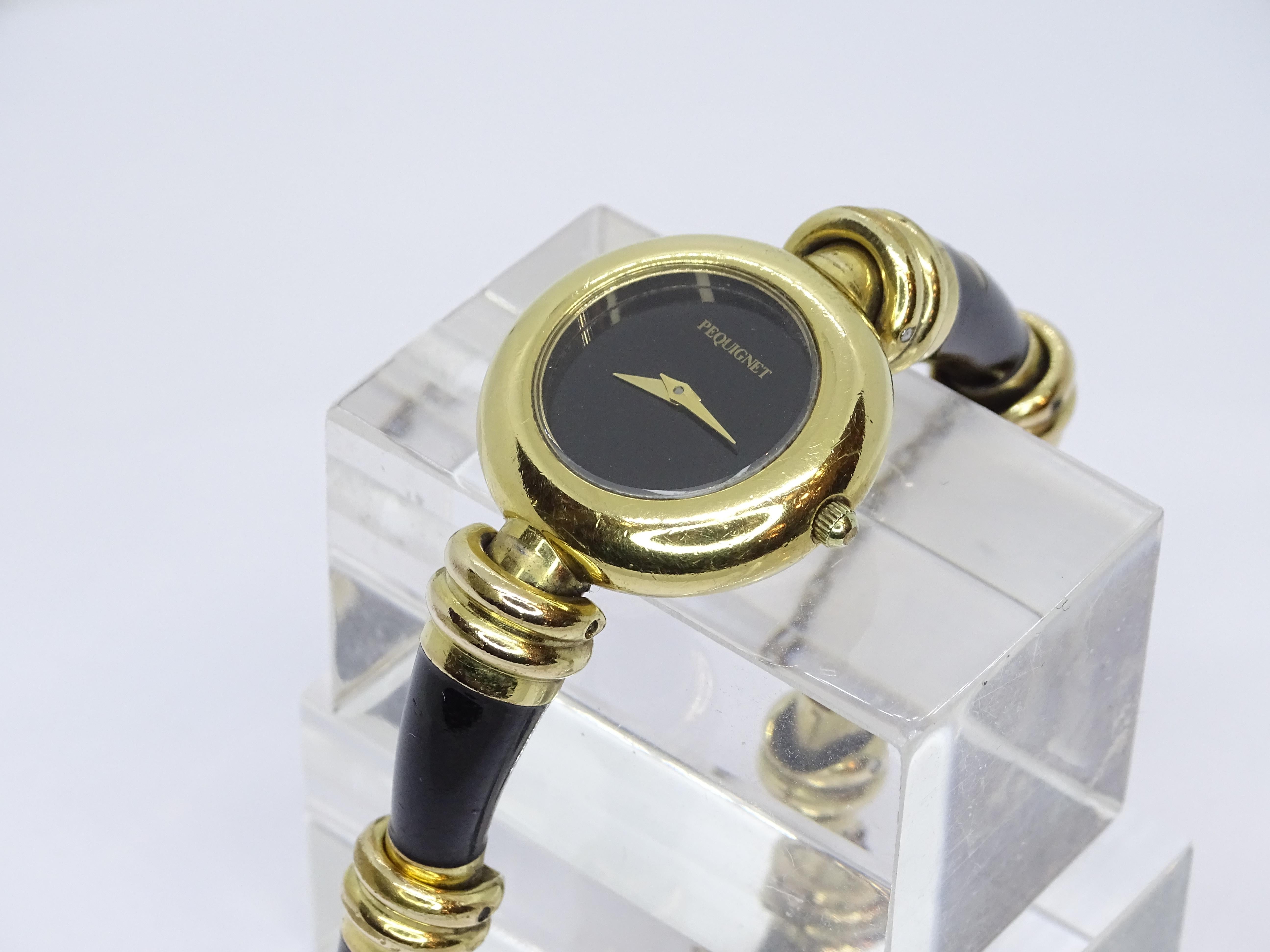 Pequignet French gold-plated Black quartz wristwatch, vintage For Sale 14