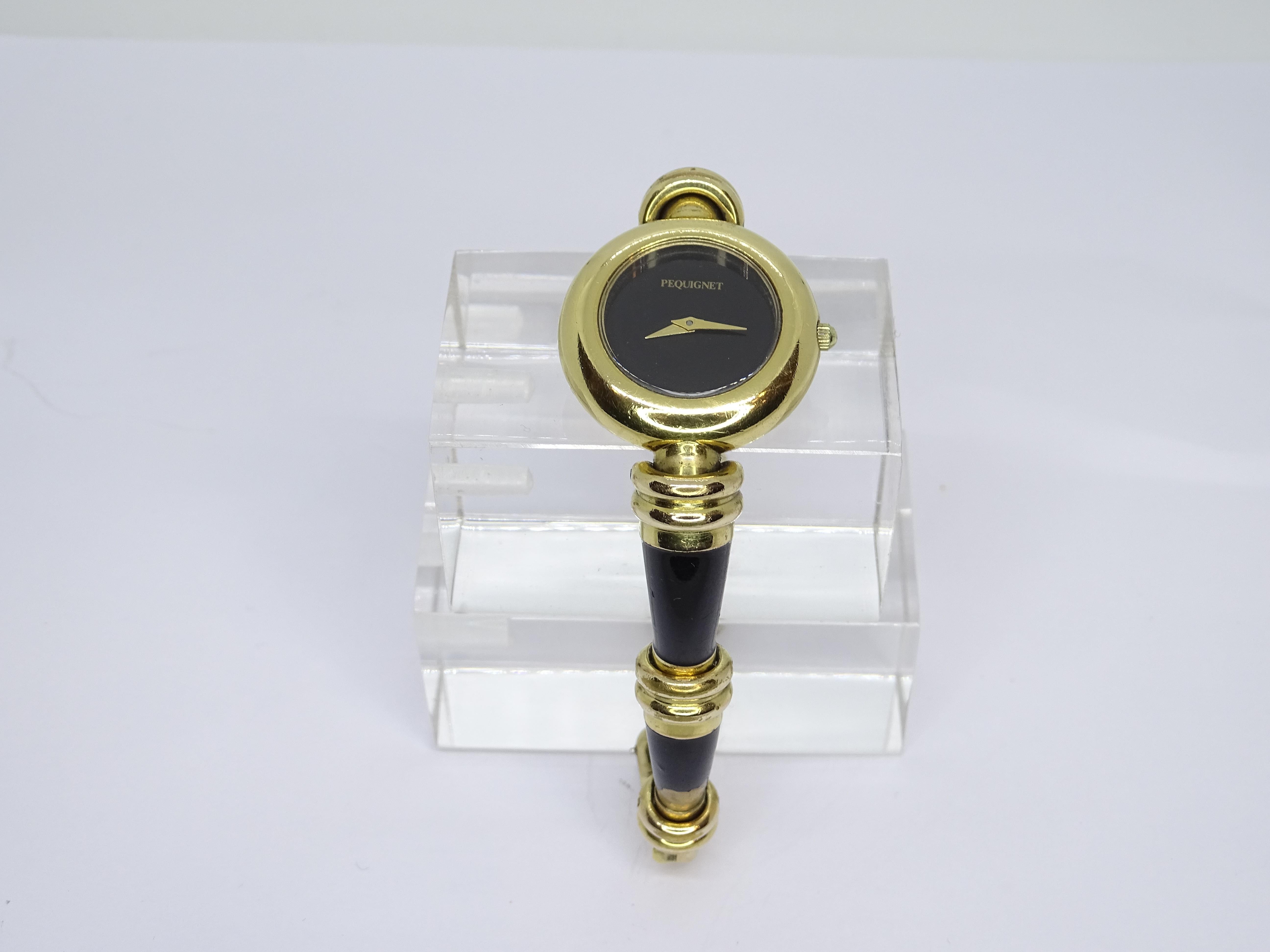 Pequignet French gold-plated Black quartz wristwatch, vintage For Sale 2