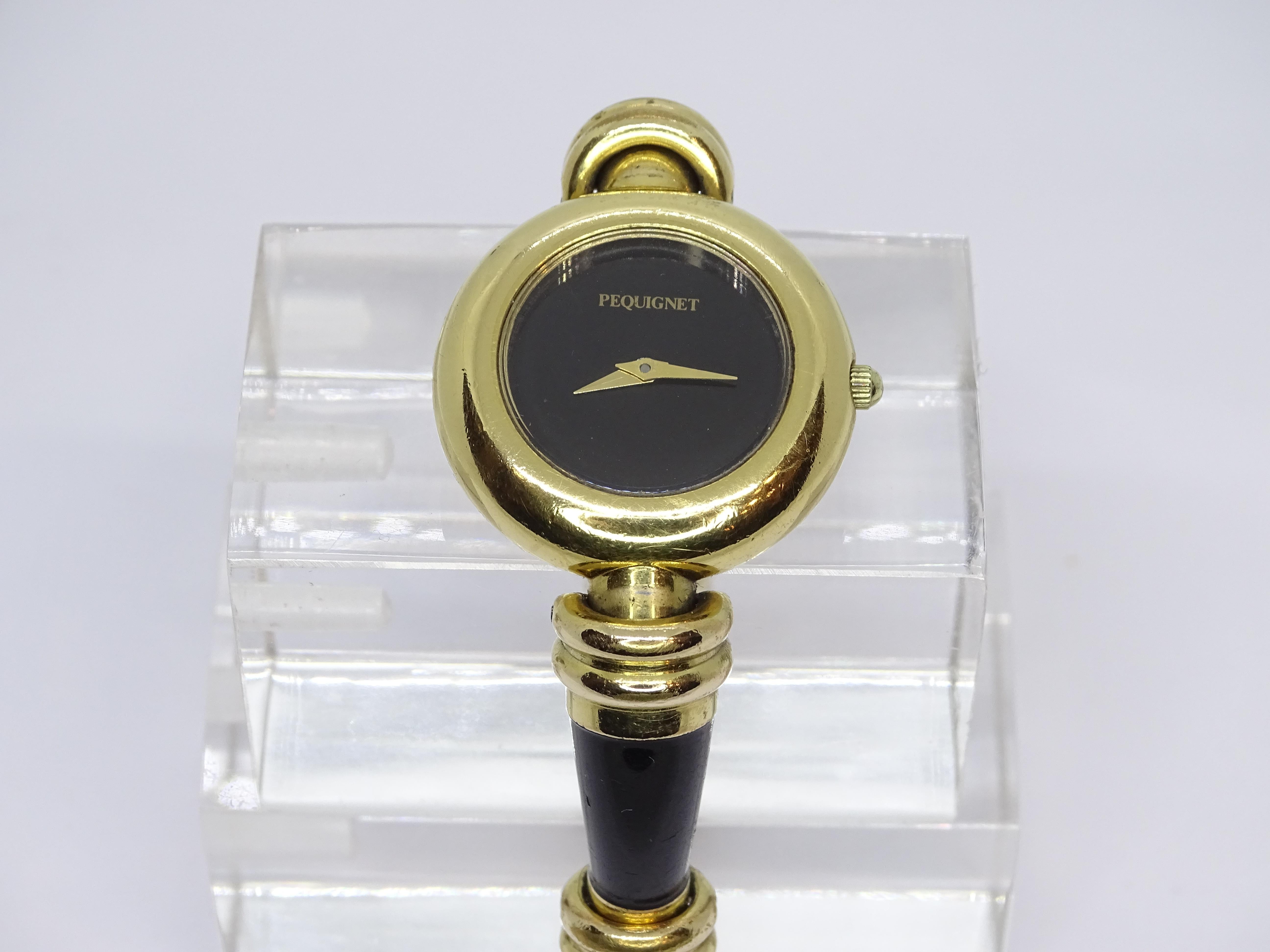 Pequignet French gold-plated Black quartz wristwatch, vintage For Sale 3