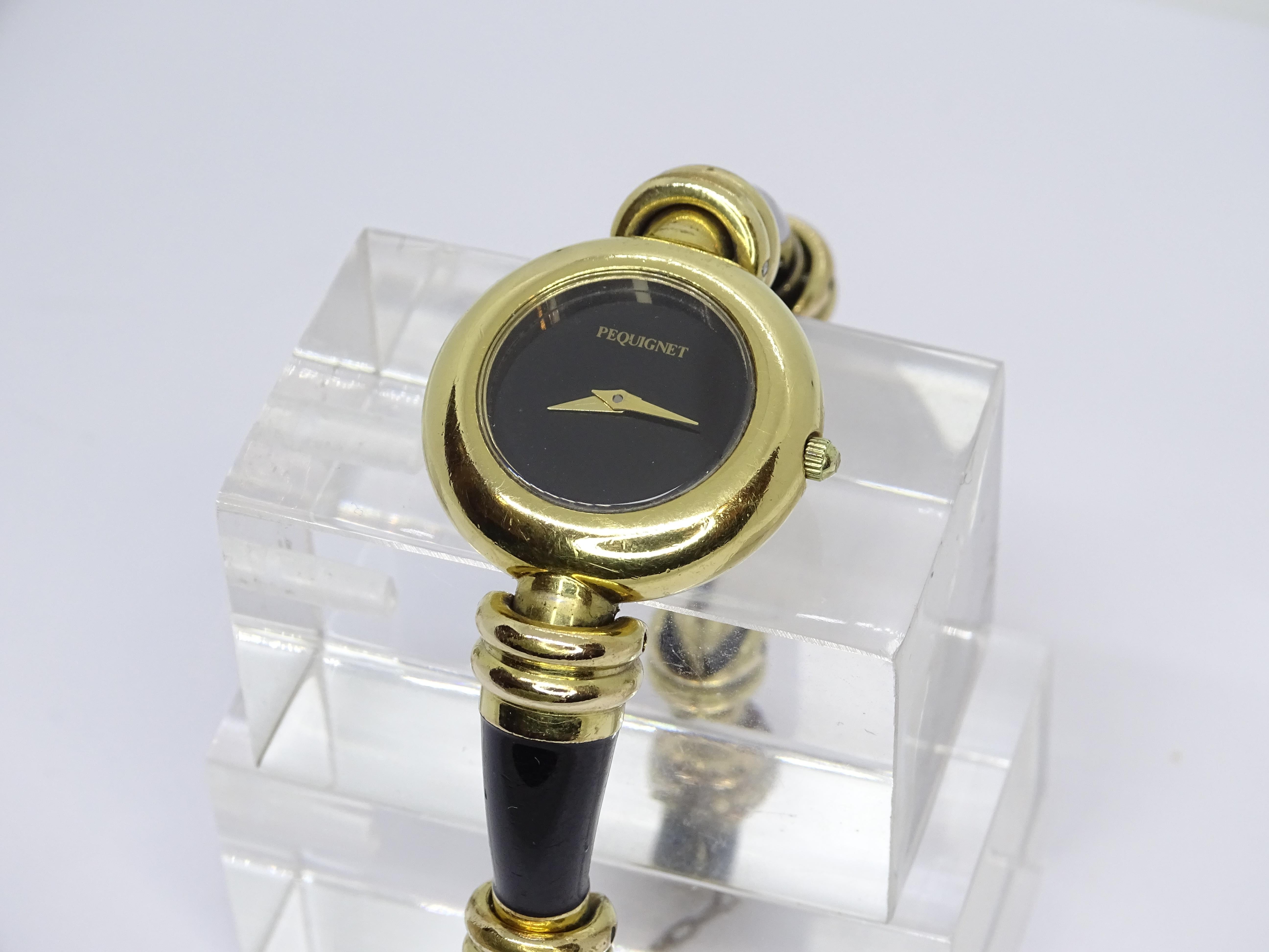 Pequignet French gold-plated Black quartz wristwatch, vintage For Sale 4