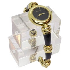 Pequignet Reloj de pulsera francés de cuarzo negro chapado en oro, vintage