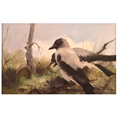 Vintage Per Åkered, Sweden, Oil on Canvas, Two Magpies