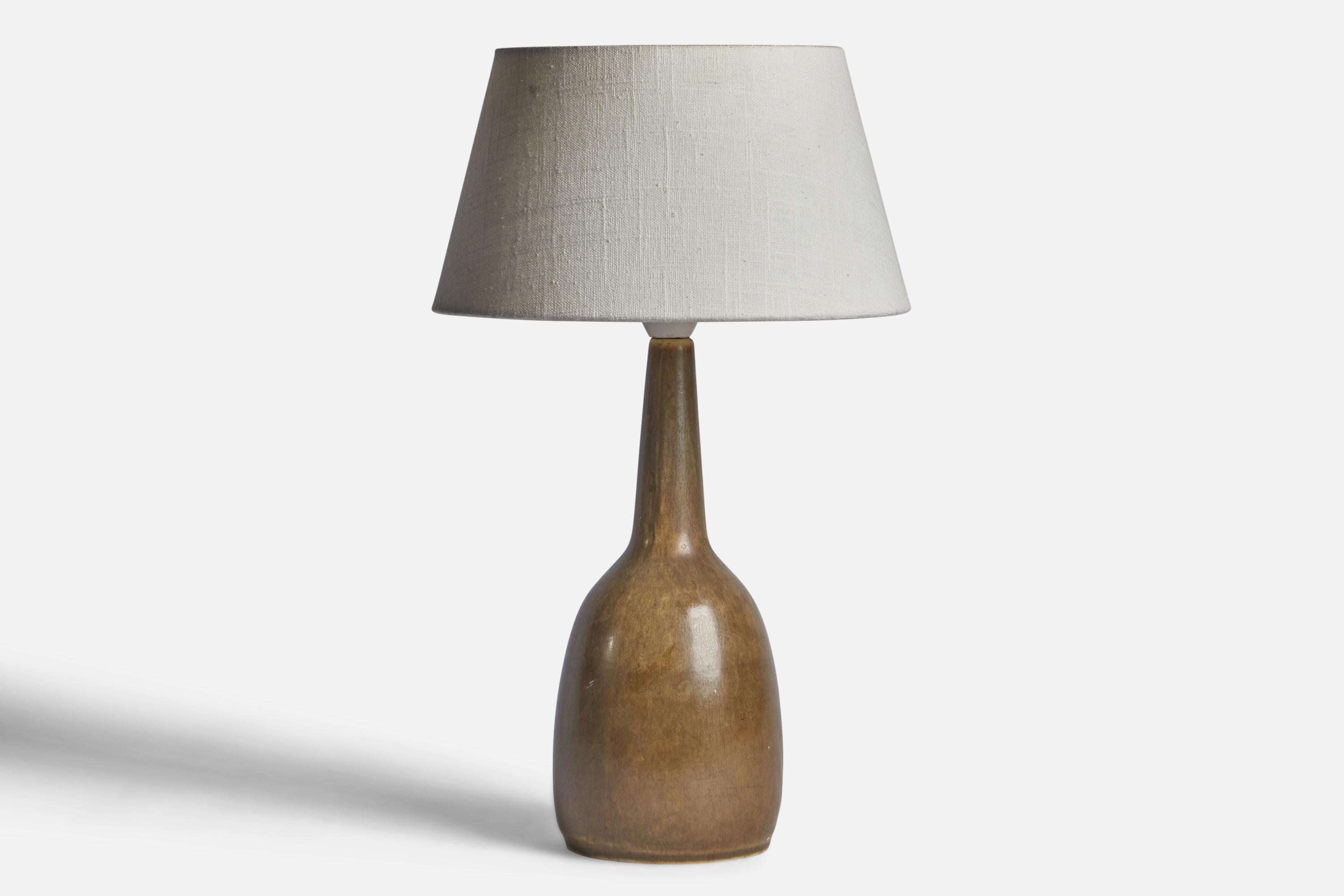 A brown-glazed stoneware table lamp designed by Per & Annelise Linneman-Schmidt and produced by Palshus, Denmark, 1960s.

Dimensions of Lamp (inches): 13.9” H x 4.95” Diameter
Dimensions of Shade (inches): 7” Top Diameter x 10” Bottom Diameter x