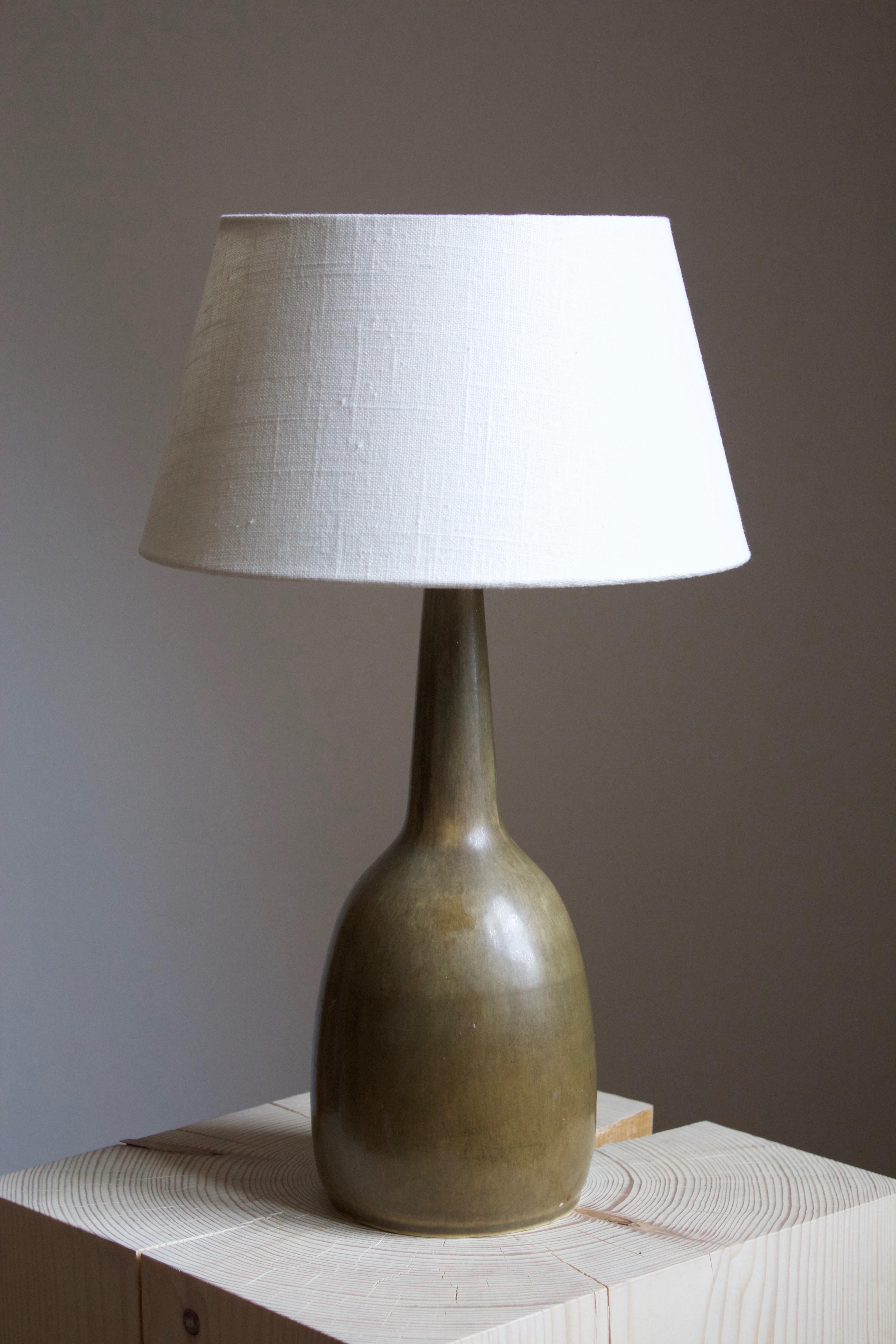 A table / desk lamp designed by husband and wife Per & Annelise Linneman-Schmidt. Handcast in stoneware. Produced in their own Studio, named Palshus, in Sengeløse, Denmark. Signed.

Sold without lampshade. Stated dimensions exclude lampshade.

Glaze