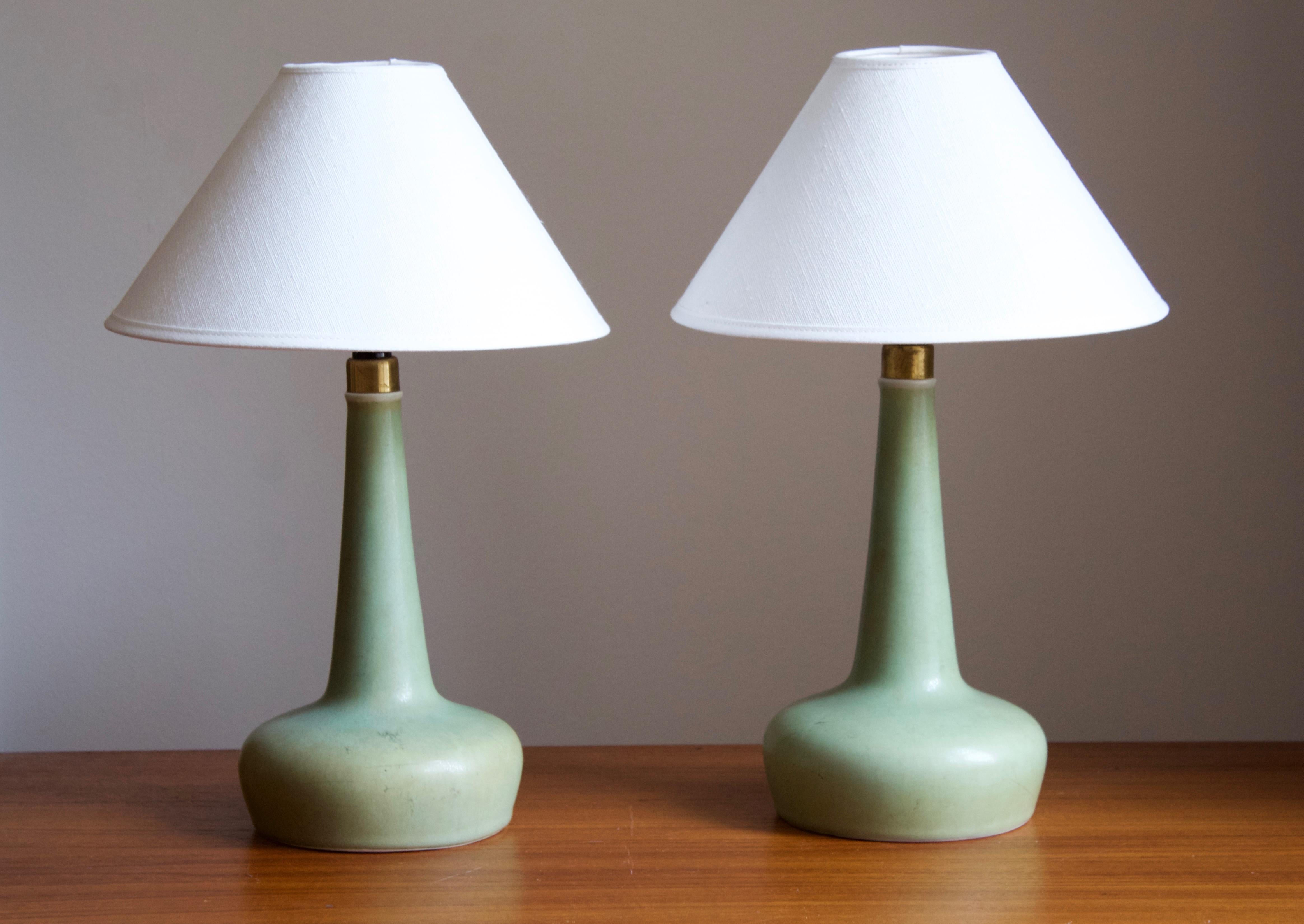 A pair of table / desk lamp designed by husband and wife Per & Annelise Linneman-Schmidt. Handcast in stoneware brass details. Produced in their own Studio, named Palshus, in Sengeløse, Denmark. Signed.

Sold without lampshades. Stated dimensions