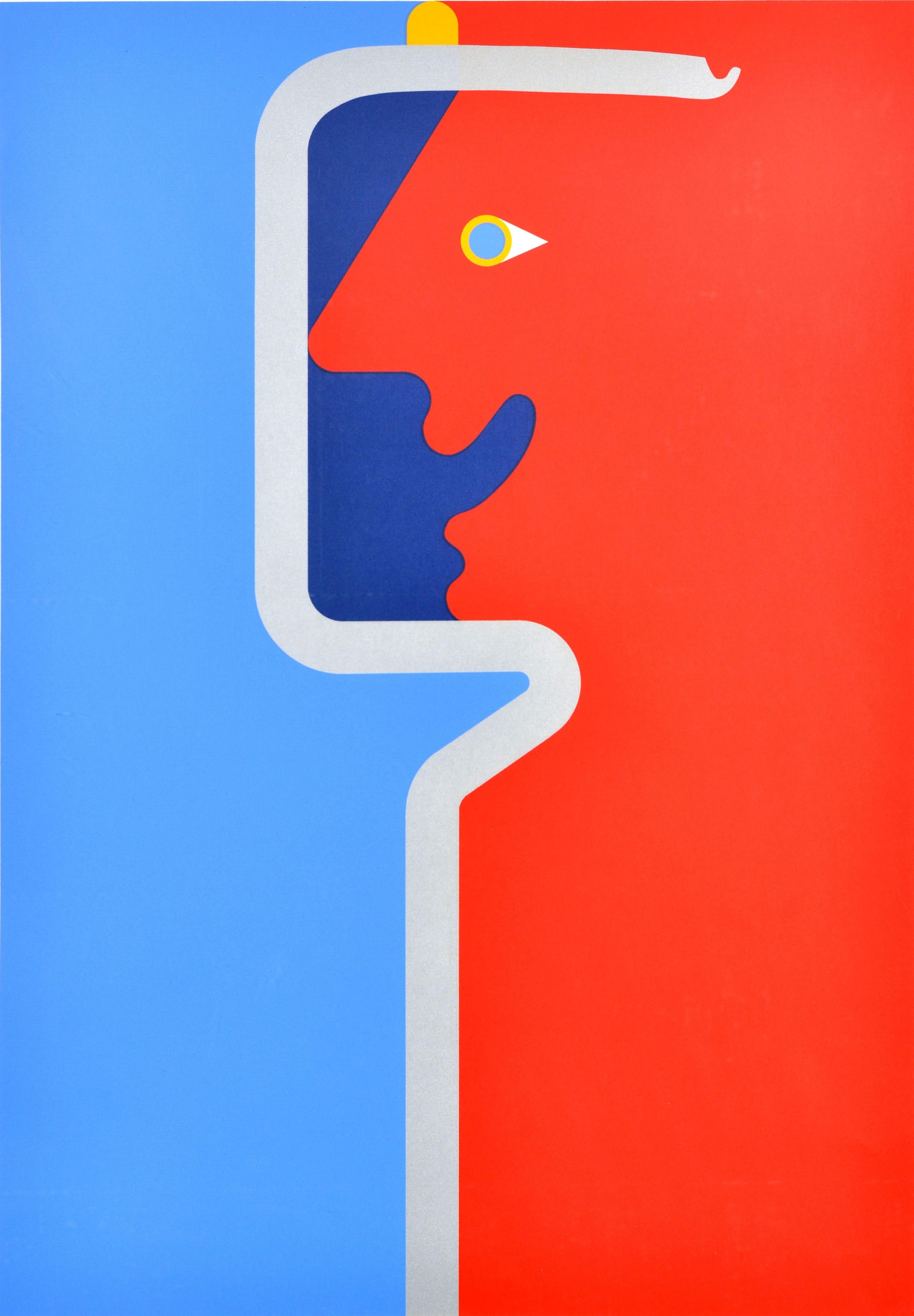 Poster pubblicitario originale d'epoca - Ktas Holder Forbindelsen Vedlige / Mantiene la connessione - con una colorata illustrazione dell'artista e designer danese Per Arnoldi (nato nel 1941) che raffigura la sagoma stilizzata di una persona in