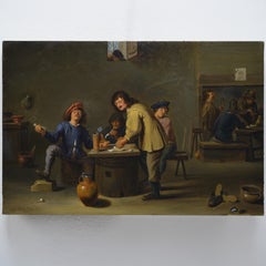 Early 1900s Flemish Style Oil Painting After David Teniers Tavern Scene Signed