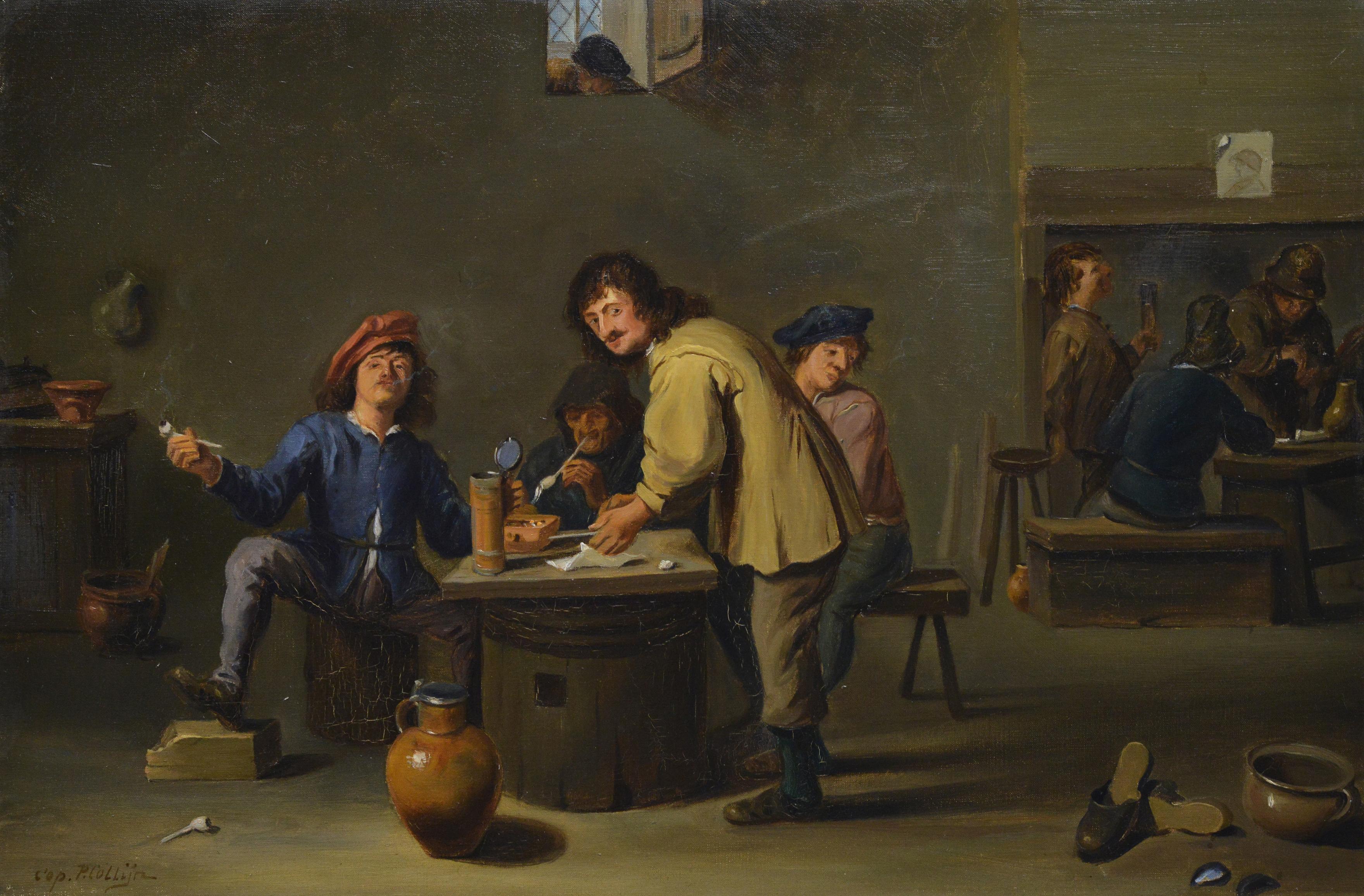 Early 1900s Flemish Style Oil Painting After David Teniers Tavern Scene Signed