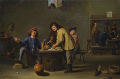 Early 1900s Flemish Style Oil Painting After David Teniers Tavern Scene Signed