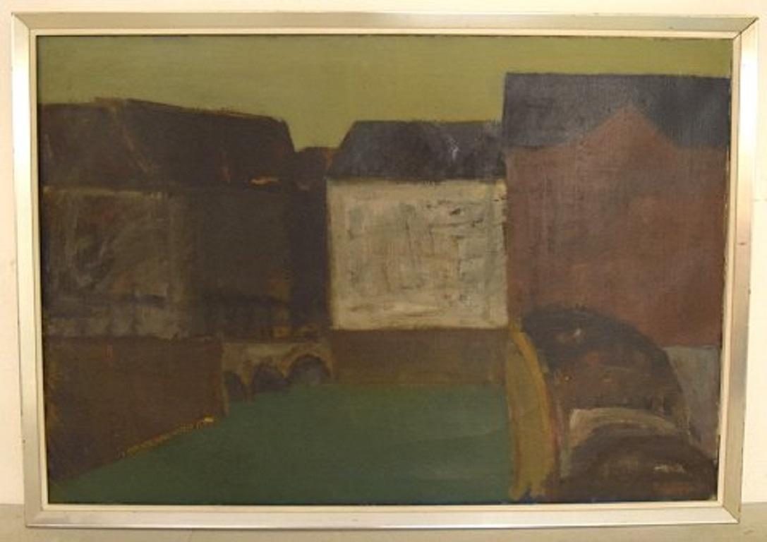 Per Damm (b.1929), Danish painter. Modernist landscape with houses and canal. Dated 1962. Scandinavian atmosphere.
In very good condition.
Signed.
Canvas measures: 95 x 65 cm.
The frame measures: 3 cm.