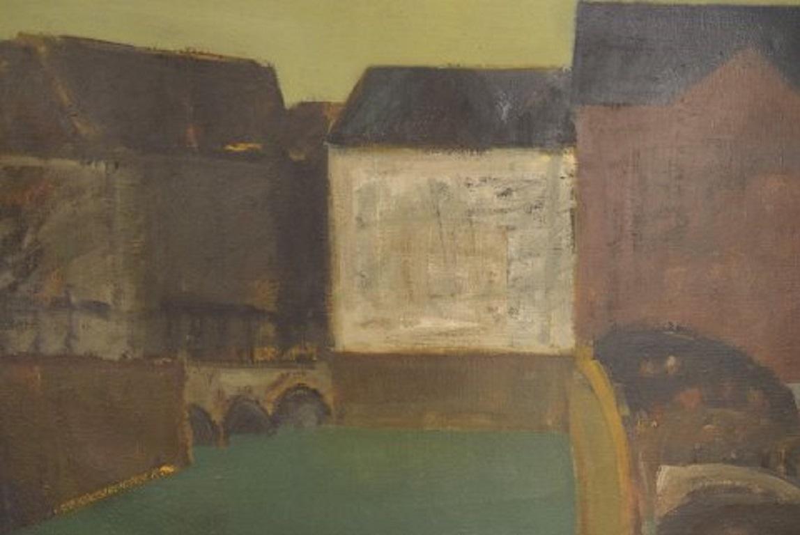 Scandinavian Modern Per Damm, Danish Painter, Modernist Landscape with Houses and Canal